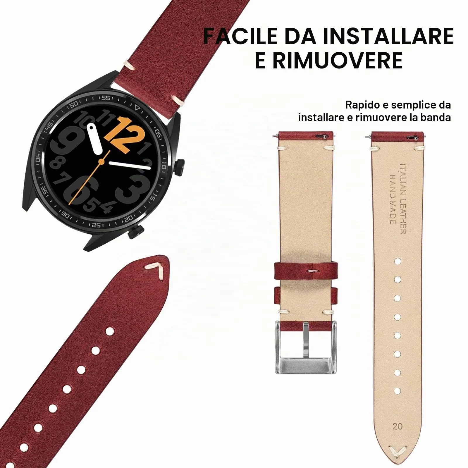 ANNEFIT Vintage Cinturino Orologio per Uomo Donna, Cinturini in Pelle Italiana, Sgancio Rapido, Larghezza della banda 20mm (Rosso) - immagine 7
