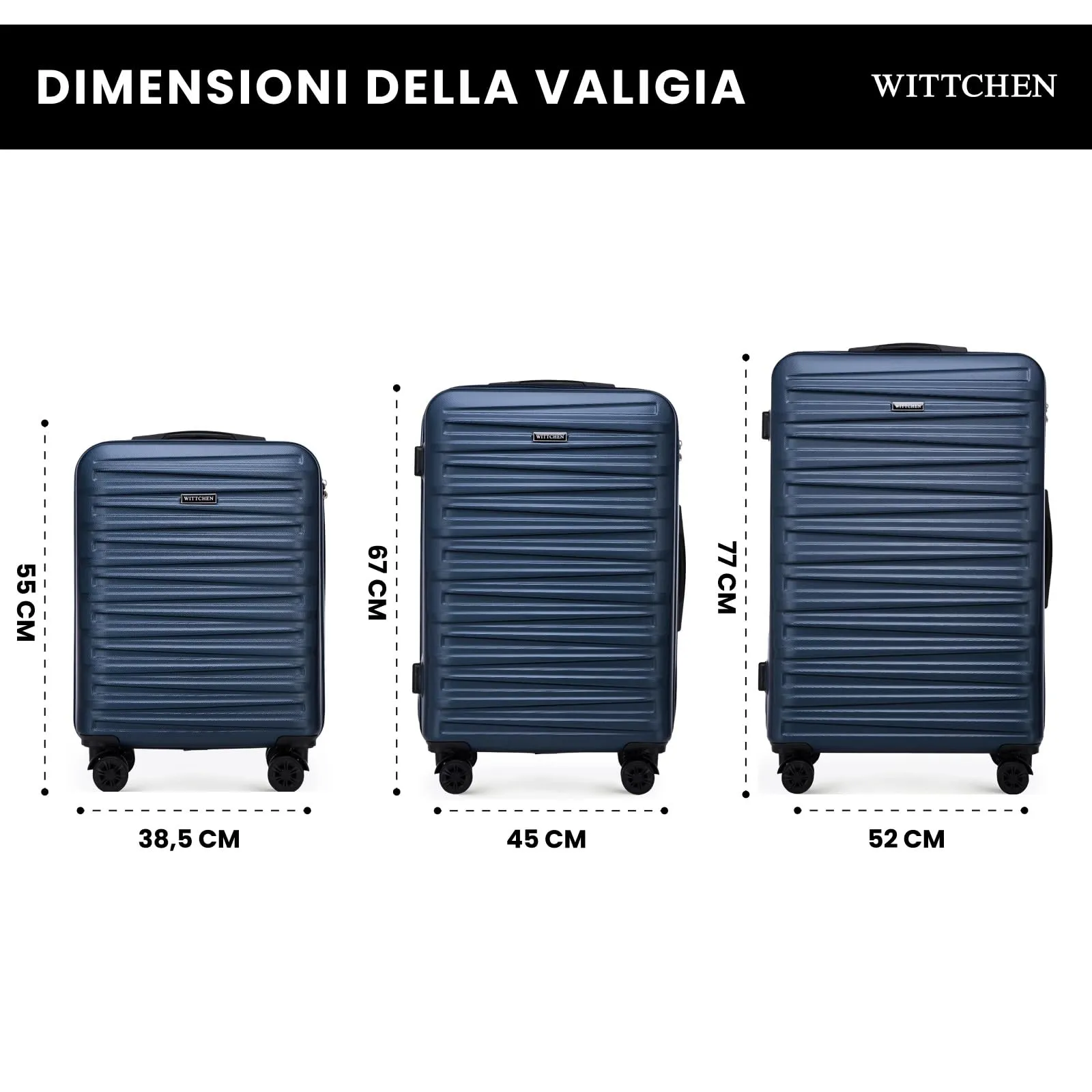 WITTCHEN Skyspeed Line Set di 3 valigie Valigia da viaggio Rolling Trolley Bagaglio a mano rigide in ABS con serratura a combinazione Manico telescopico 4 ruote blu navy Ryanair/ITA Airways - immagine 2