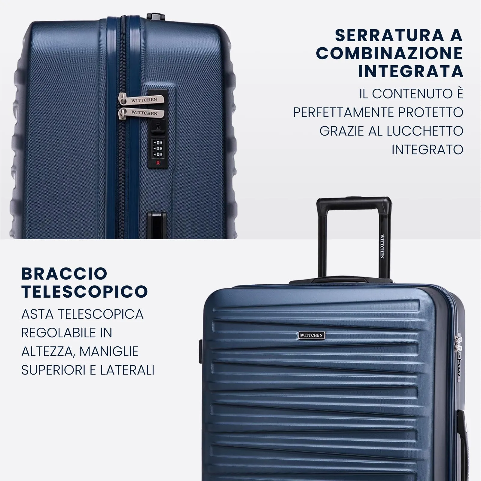 WITTCHEN Skyspeed Line Set di 3 valigie Valigia da viaggio Rolling Trolley Bagaglio a mano rigide in ABS con serratura a combinazione Manico telescopico 4 ruote blu navy Ryanair/ITA Airways - immagine 4