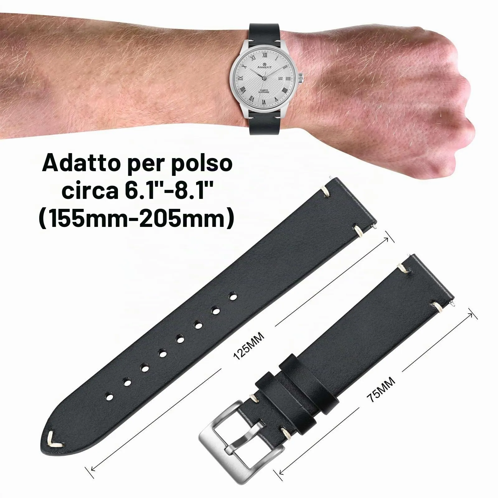 ANNEFIT Vintage Cinturino Orologio per Uomo Donna, Cinturini in Pelle Italiana, Sgancio Rapido, Larghezza della banda 18mm (Nero) - immagine 4