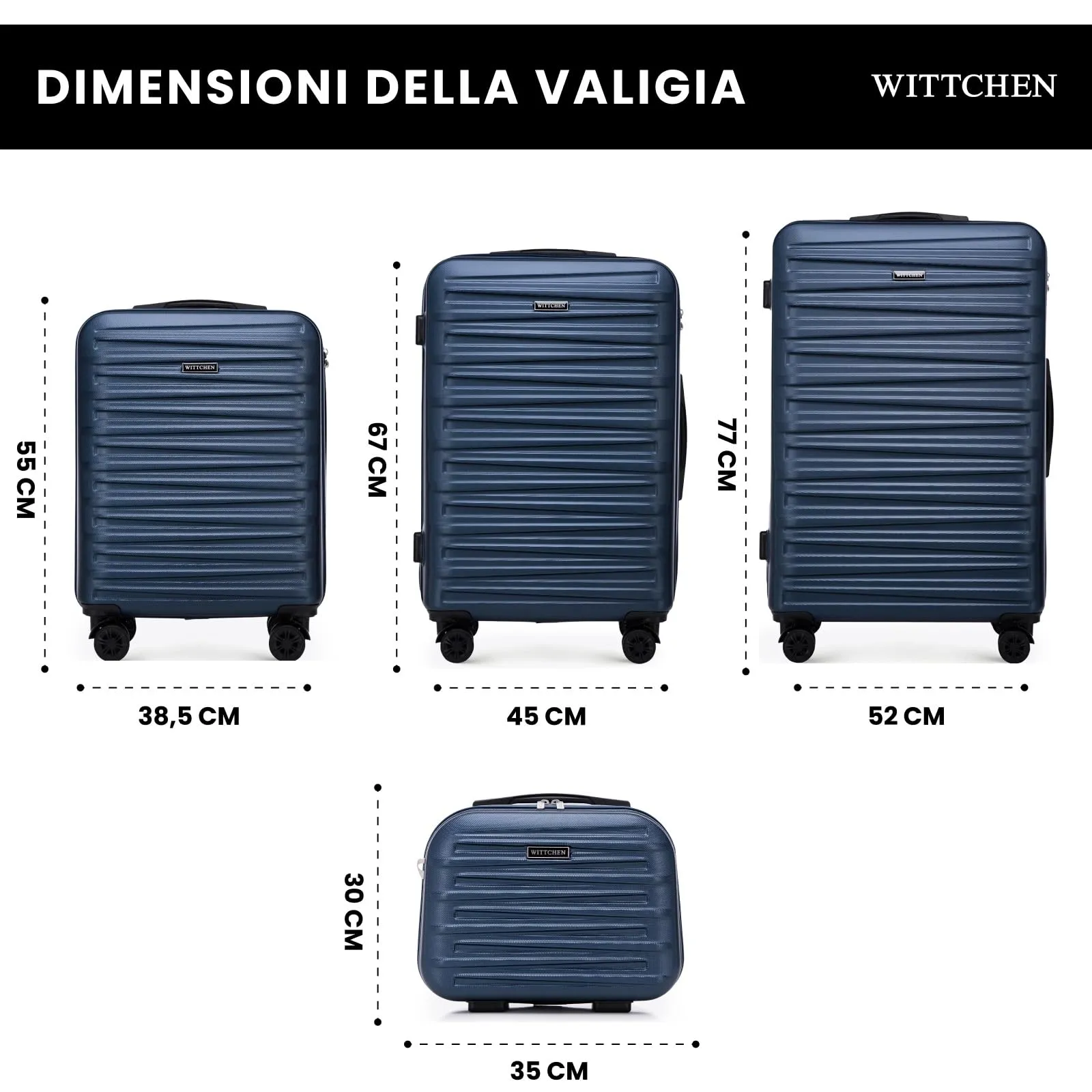WITTCHEN Skyspeed Line Set di 4 valigie con custodia per cosmetici Valigia da viaggio trolley bagaglio a mano rigida ABS chiusura a combinazione manico telescopico 4 ruote blu navy Ryanair/ITA Airways - immagine 2