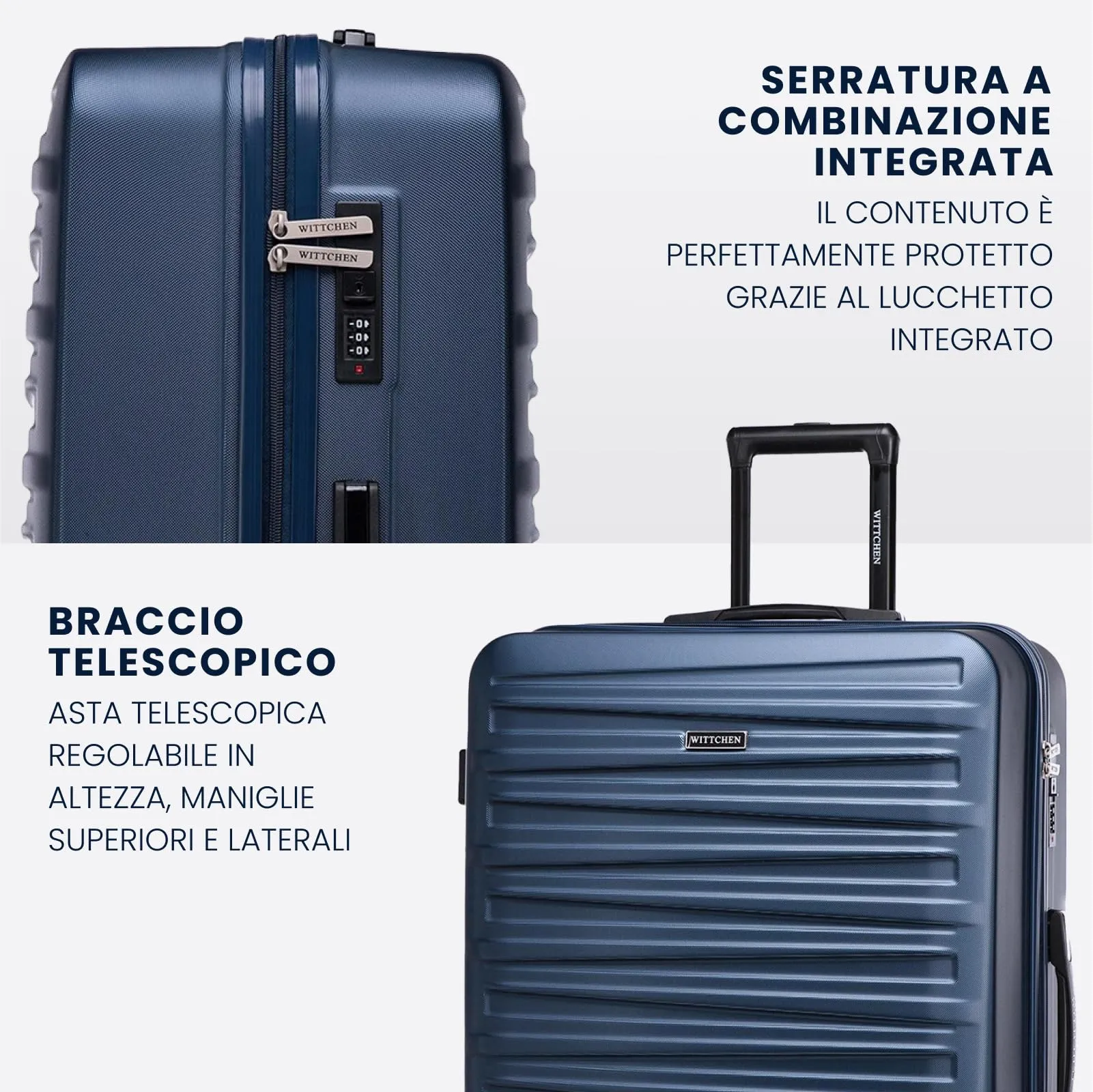 WITTCHEN Skyspeed Line Set di 4 valigie con custodia per cosmetici Valigia da viaggio trolley bagaglio a mano rigida ABS chiusura a combinazione manico telescopico 4 ruote blu navy Ryanair/ITA Airways - immagine 4