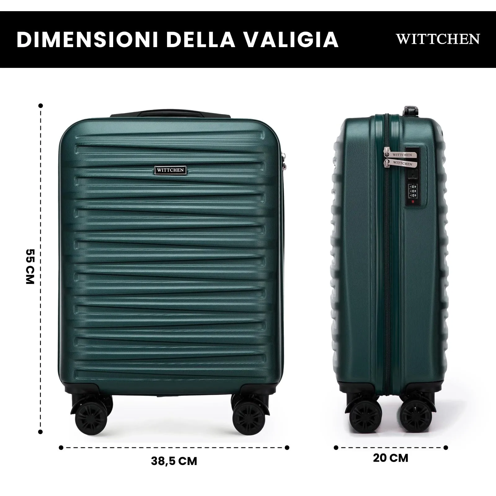 WITTCHEN Skyspeed Line Valigia Compatta da Cabina in ABS - Bagaglio a Mano Resistente con Trolley Girevole, Serratura Numerica, Manico Allungabile - Verde Intenso Ryanair/ITA Airways/Wizz Air - immagine 2