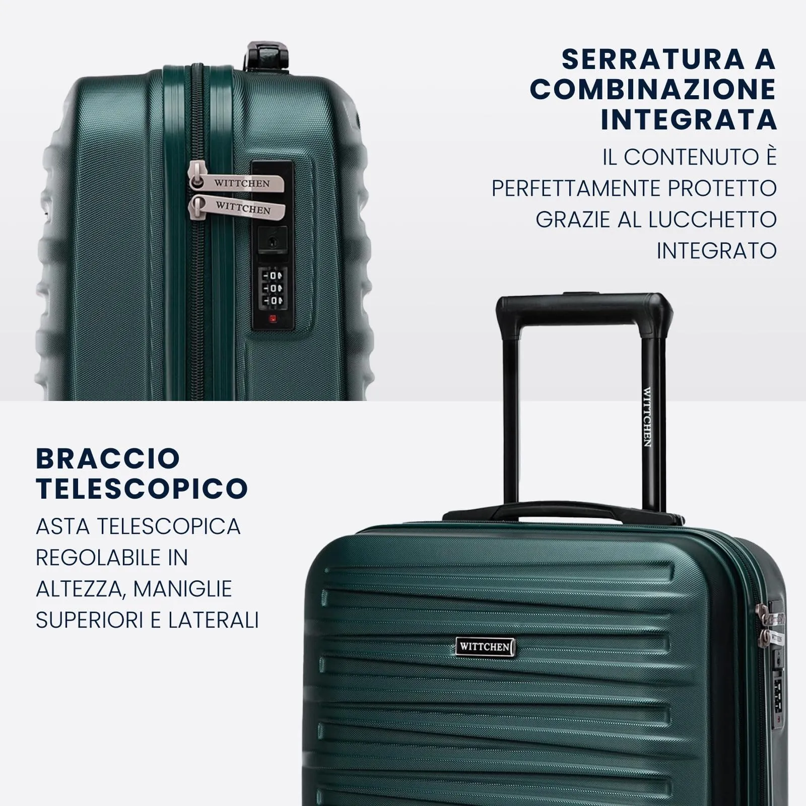 WITTCHEN Skyspeed Line Valigia Compatta da Cabina in ABS - Bagaglio a Mano Resistente con Trolley Girevole, Serratura Numerica, Manico Allungabile - Verde Intenso Ryanair/ITA Airways/Wizz Air - immagine 4
