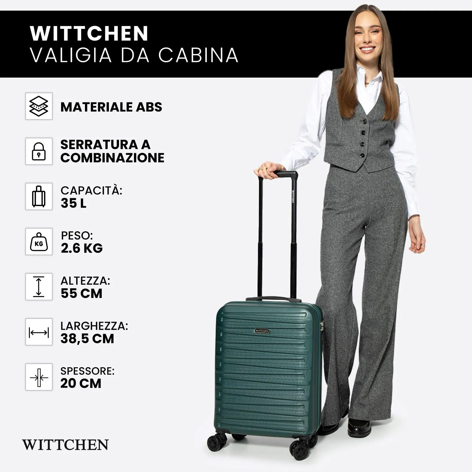 WITTCHEN Skyspeed Line Valigia Compatta da Cabina in ABS - Bagaglio a Mano Resistente con Trolley Girevole, Serratura Numerica, Manico Allungabile - Verde Intenso Ryanair/ITA Airways/Wizz Air - immagine 7
