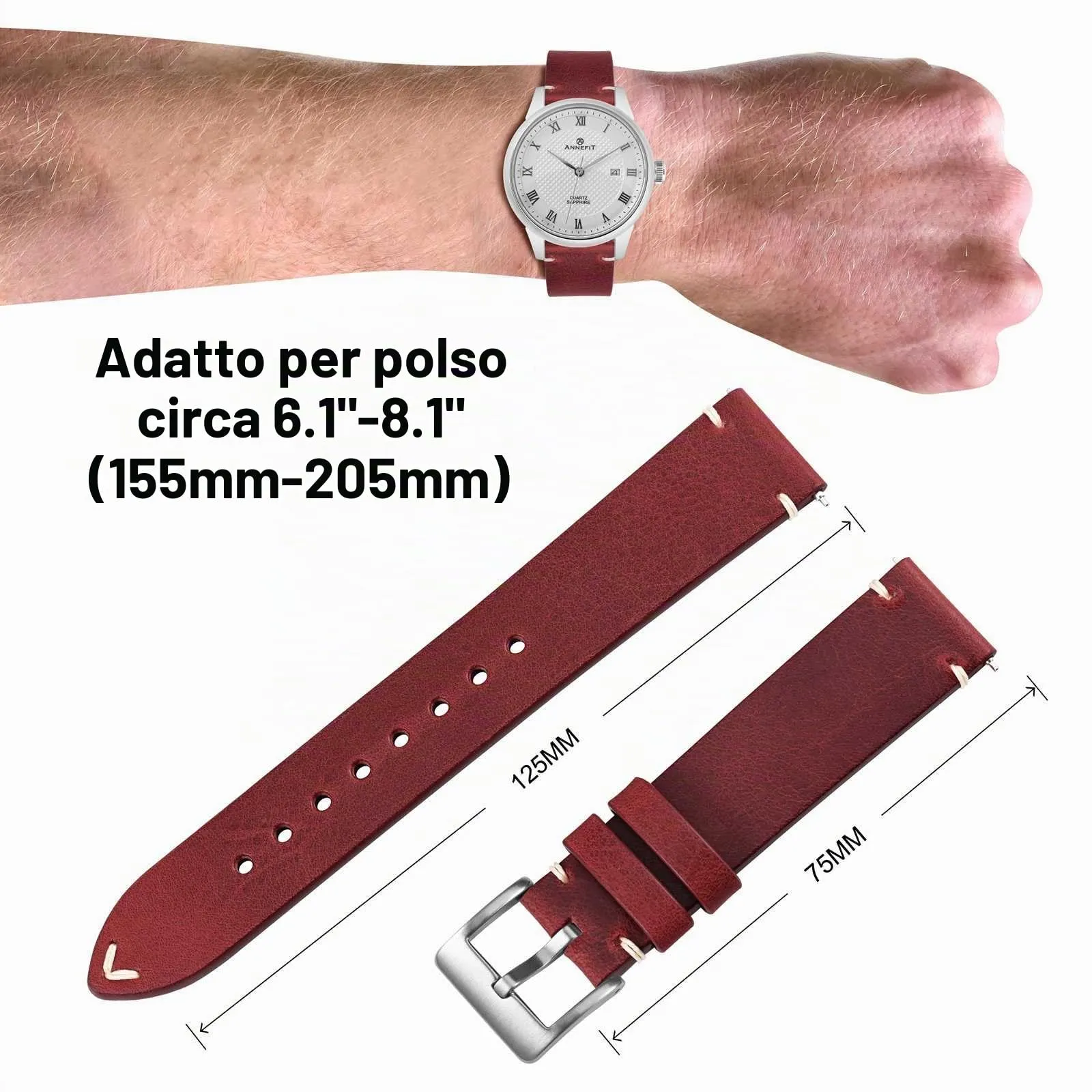 ANNEFIT Vintage Cinturino Orologio per Uomo Donna, Cinturini in Pelle Italiana, Sgancio Rapido, Larghezza della banda 22mm (Rosso) - immagine 4
