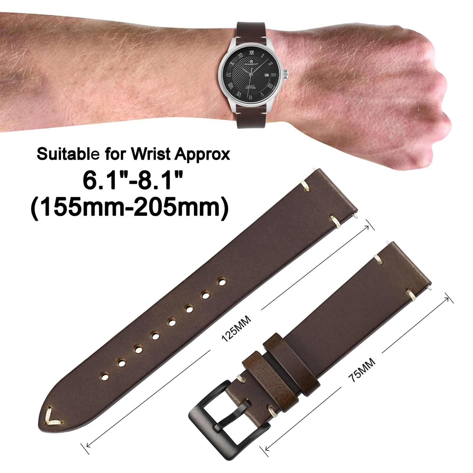 ANNEFIT Vintage Cinturino Orologio per Uomo Donna, Cinturini in Pelle Italiana, Sgancio Rapido e Fibbia Nera, Larghezza della banda 18mm (Marrone Scuro) - immagine 4