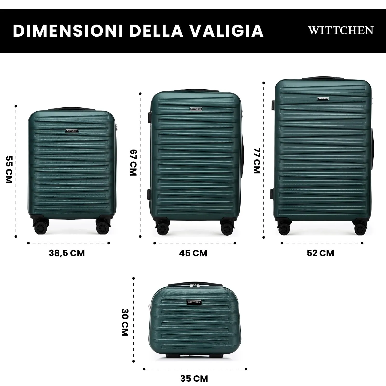 WITTCHEN Skyspeed Line Set di 4 valigie con custodia per cosmetici Valigia da viaggio trolley bagaglio a mano rigida ABS chiusura a combinazione manico telescopico 4 ruote verde Ryanair/ITA Airways - immagine 2