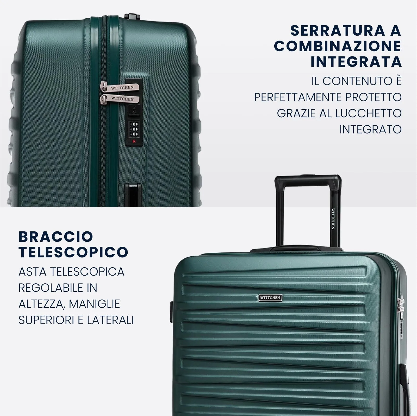 WITTCHEN Skyspeed Line Set di 4 valigie con custodia per cosmetici Valigia da viaggio trolley bagaglio a mano rigida ABS chiusura a combinazione manico telescopico 4 ruote verde Ryanair/ITA Airways - immagine 4