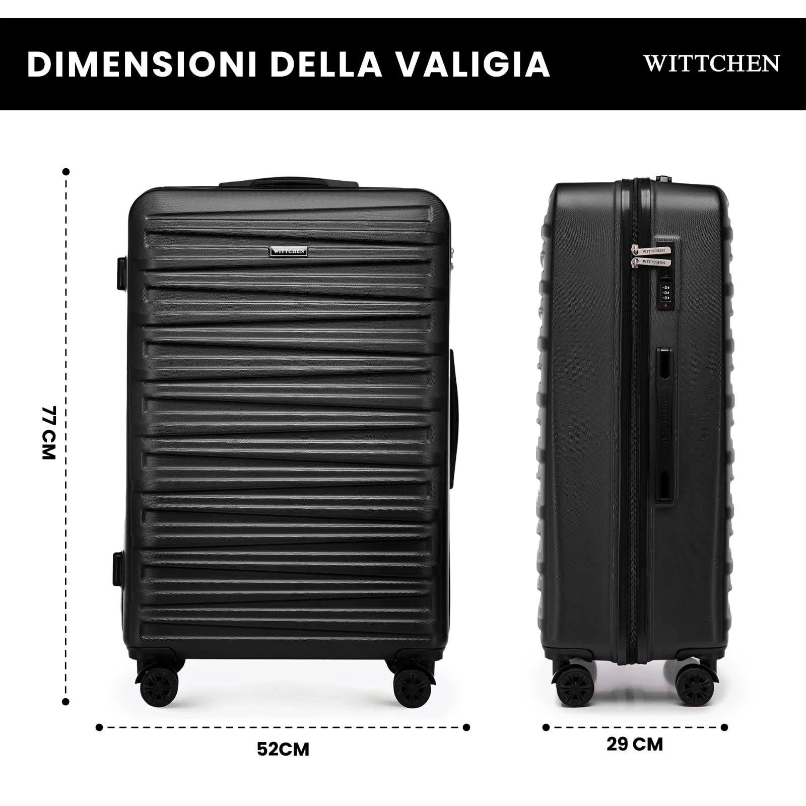 WITTCHEN Skyspeed Line Valigia grande Valigia rigida ABS Valigia grande Rolling Trolley Check-In Valigia da viaggio Serratura a combinazione Manico telescopico 4 Ruote Nero Ryanair/ITA Airways - immagine 2