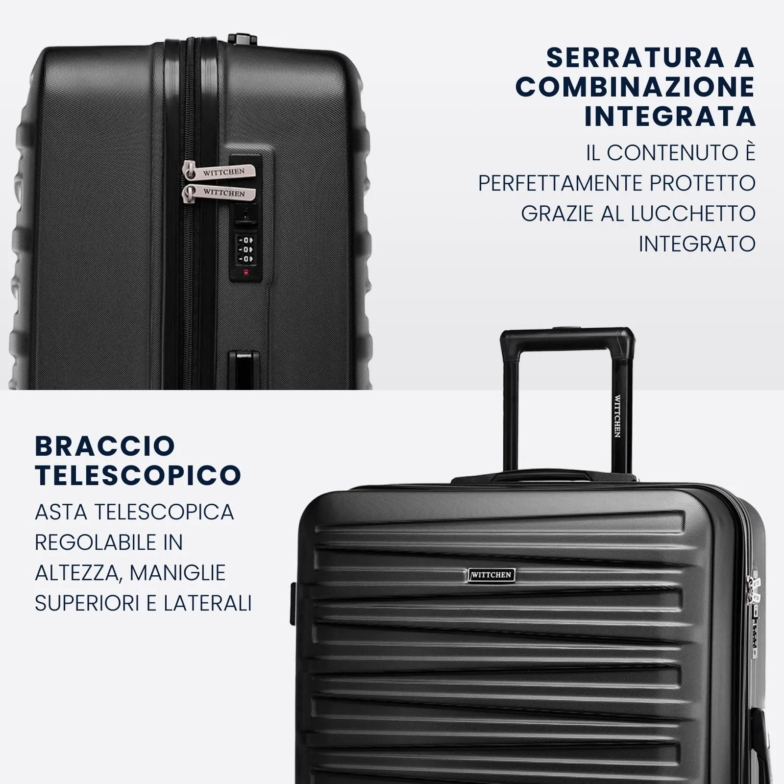 WITTCHEN Skyspeed Line Valigia grande Valigia rigida ABS Valigia grande Rolling Trolley Check-In Valigia da viaggio Serratura a combinazione Manico telescopico 4 Ruote Nero Ryanair/ITA Airways - immagine 4