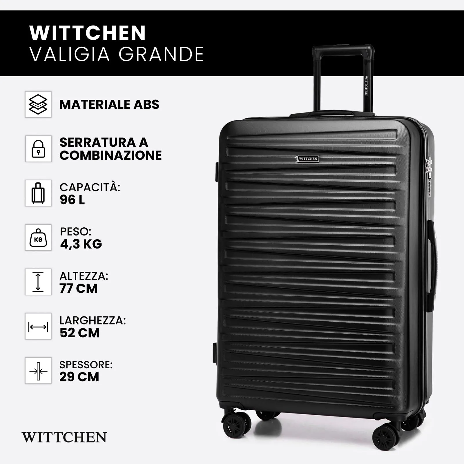 WITTCHEN Skyspeed Line Valigia grande Valigia rigida ABS Valigia grande Rolling Trolley Check-In Valigia da viaggio Serratura a combinazione Manico telescopico 4 Ruote Nero Ryanair/ITA Airways - immagine 7