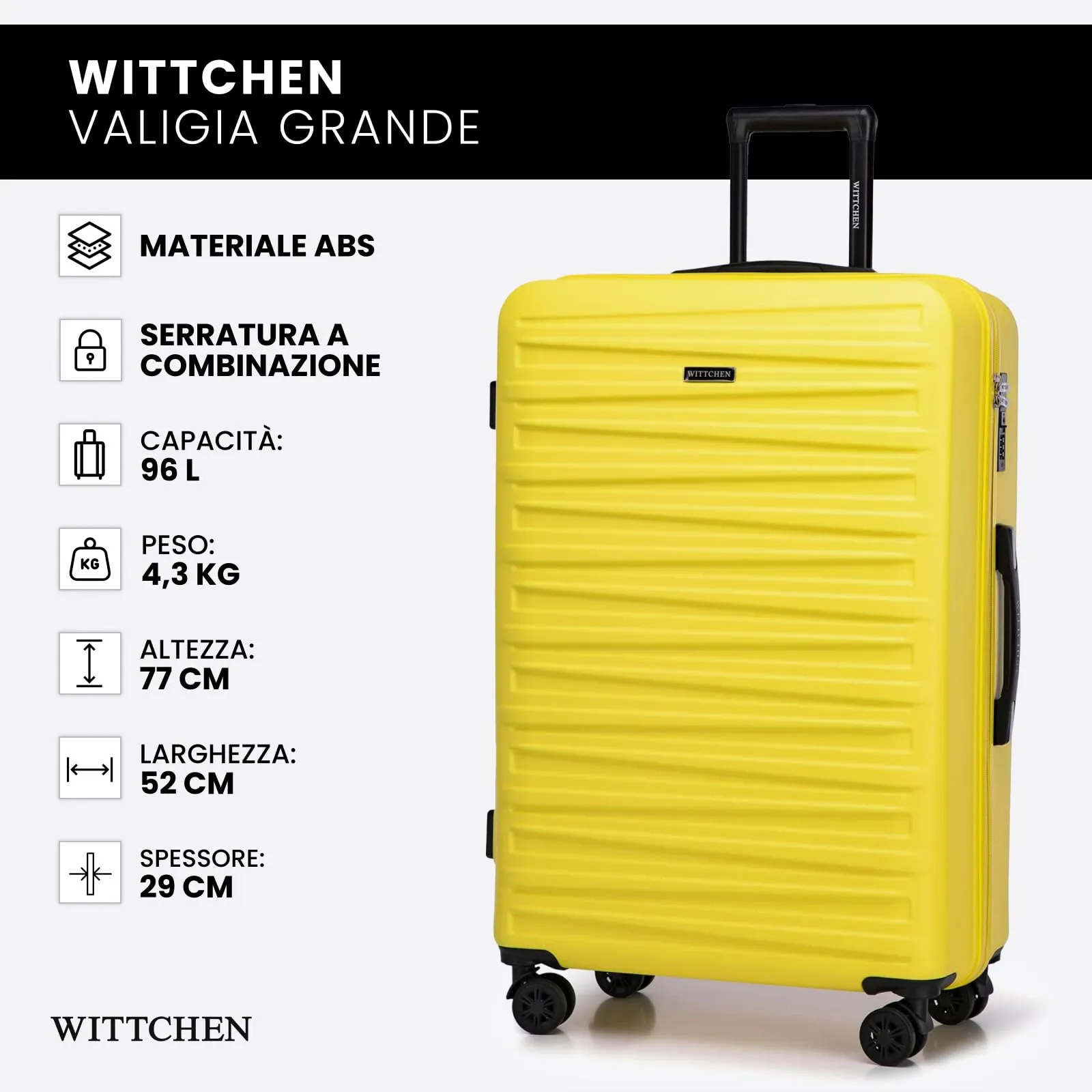 WITTCHEN Skyspeed Line Valigia grande Valigia rigida ABS Valigia grande Rolling Trolley Check-In Valigia da viaggio Serratura a combinazione Manico telescopico 4 Ruote Giallo Ryanair/ITA Airways - immagine 7