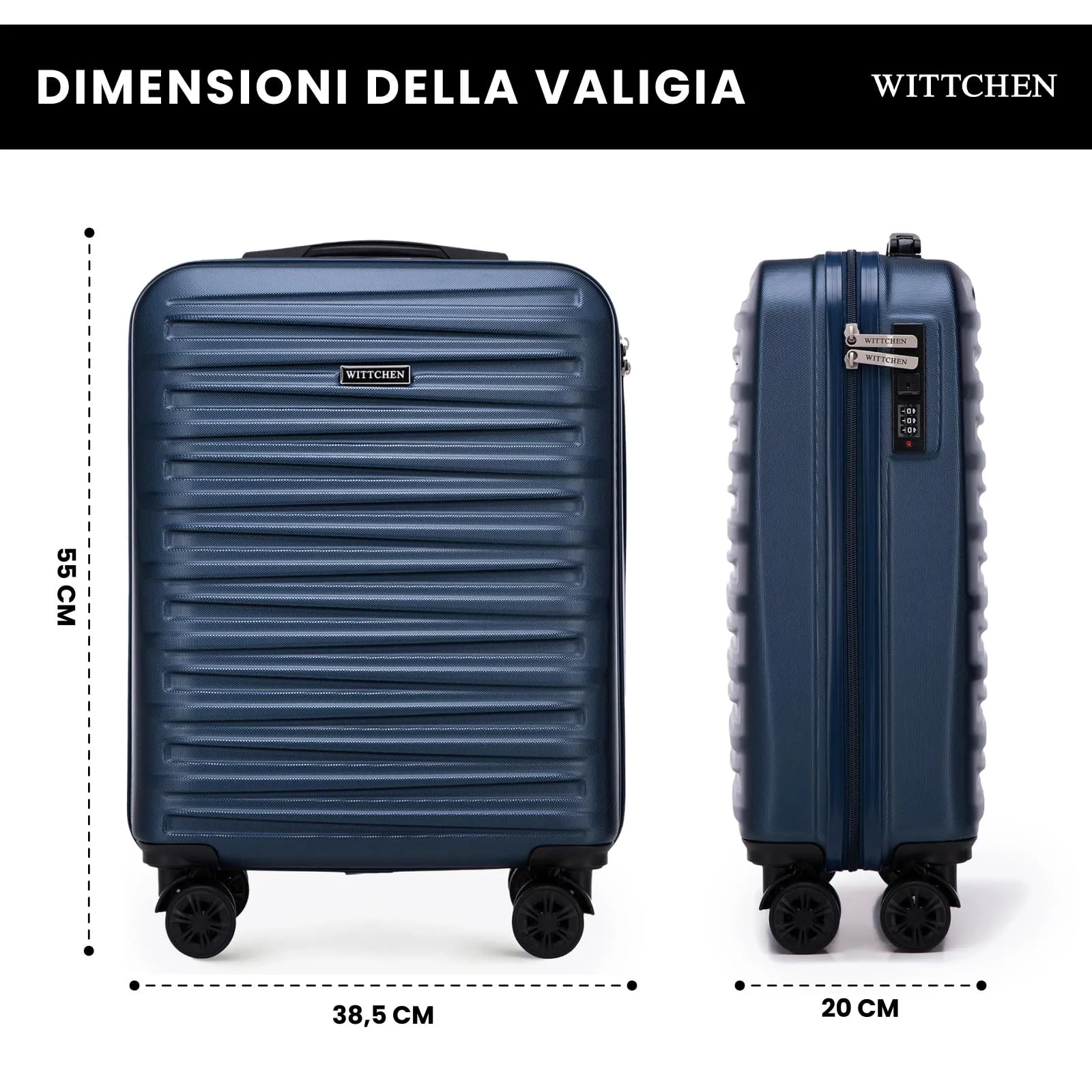 WITTCHEN Skyspeed Line Trolley da Viaggio in ABS - Valigia da Cabina Robusta e Leggera con 4 Ruote Pivotanti, Chiusura a Combinazione, Maniglia Estendibile - Blu Navy Ryanair/ITA Airways/Wizz Air - immagine 2