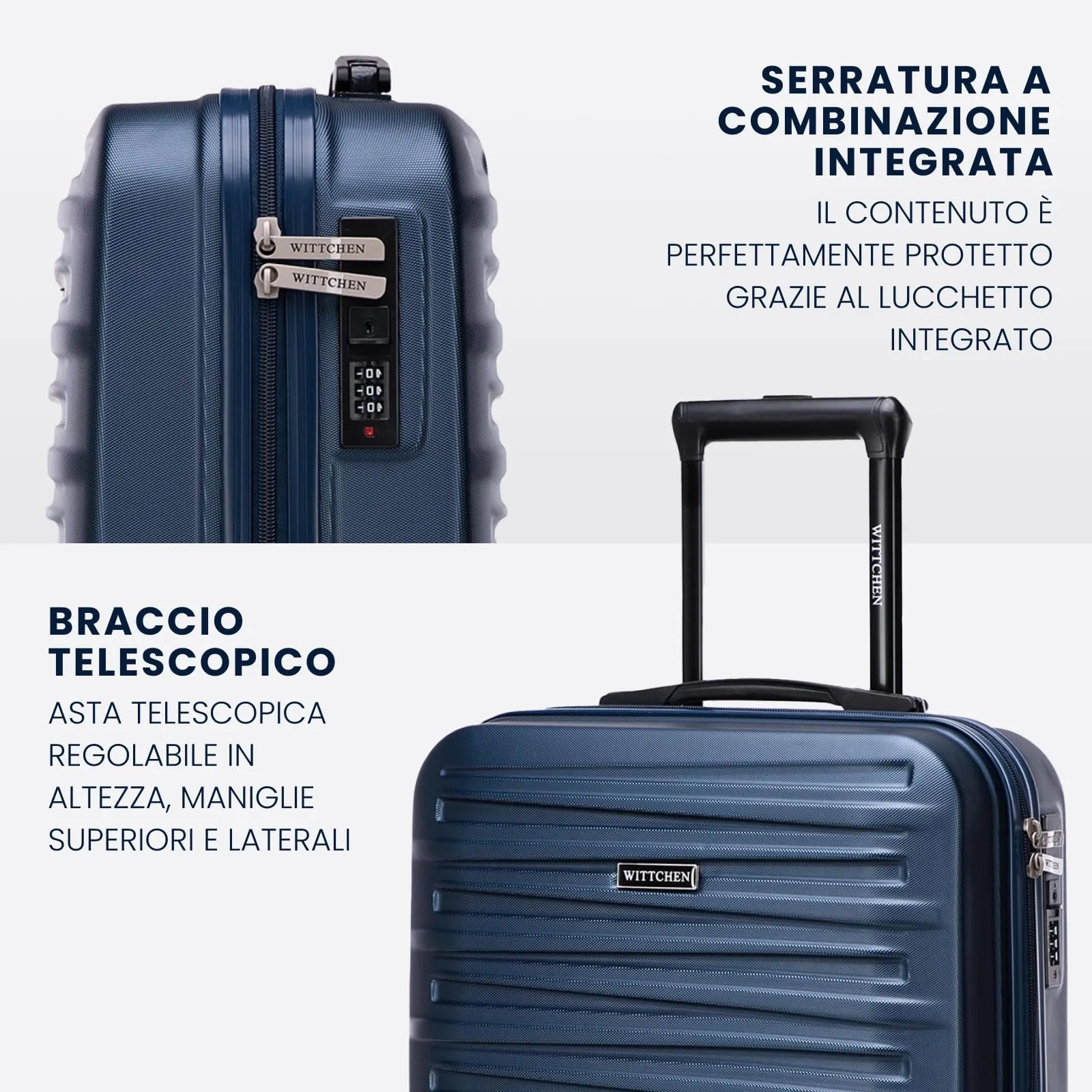 WITTCHEN Skyspeed Line Trolley da Viaggio in ABS - Valigia da Cabina Robusta e Leggera con 4 Ruote Pivotanti, Chiusura a Combinazione, Maniglia Estendibile - Blu Navy Ryanair/ITA Airways/Wizz Air - immagine 4