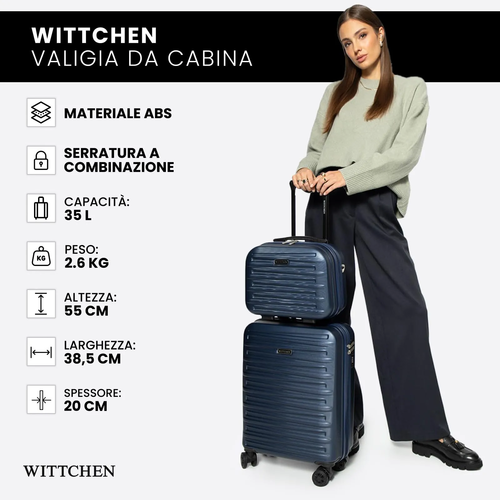 WITTCHEN Skyspeed Line Trolley da Viaggio in ABS - Valigia da Cabina Robusta e Leggera con 4 Ruote Pivotanti, Chiusura a Combinazione, Maniglia Estendibile - Blu Navy Ryanair/ITA Airways/Wizz Air - immagine 7