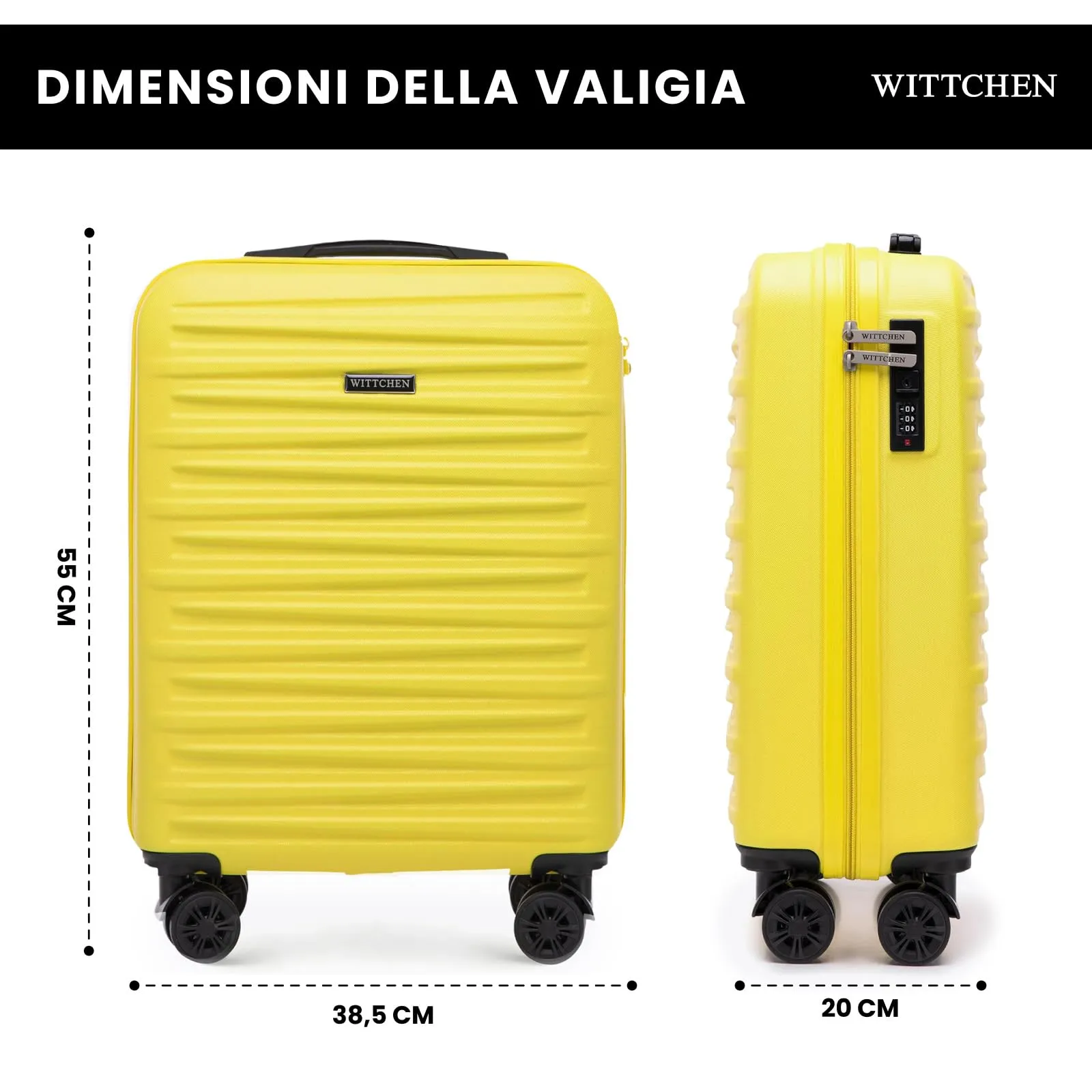 WITTCHEN Skyspeed Line Trolley da Cabina Piccolo in ABS - Bagaglio Rigido con Chiusura a Codice, Manico Telescopico e 4 Ruote Multidirezionali - Giallo Vivace Ryanair/ITA Airways/Wizz Air - immagine 2