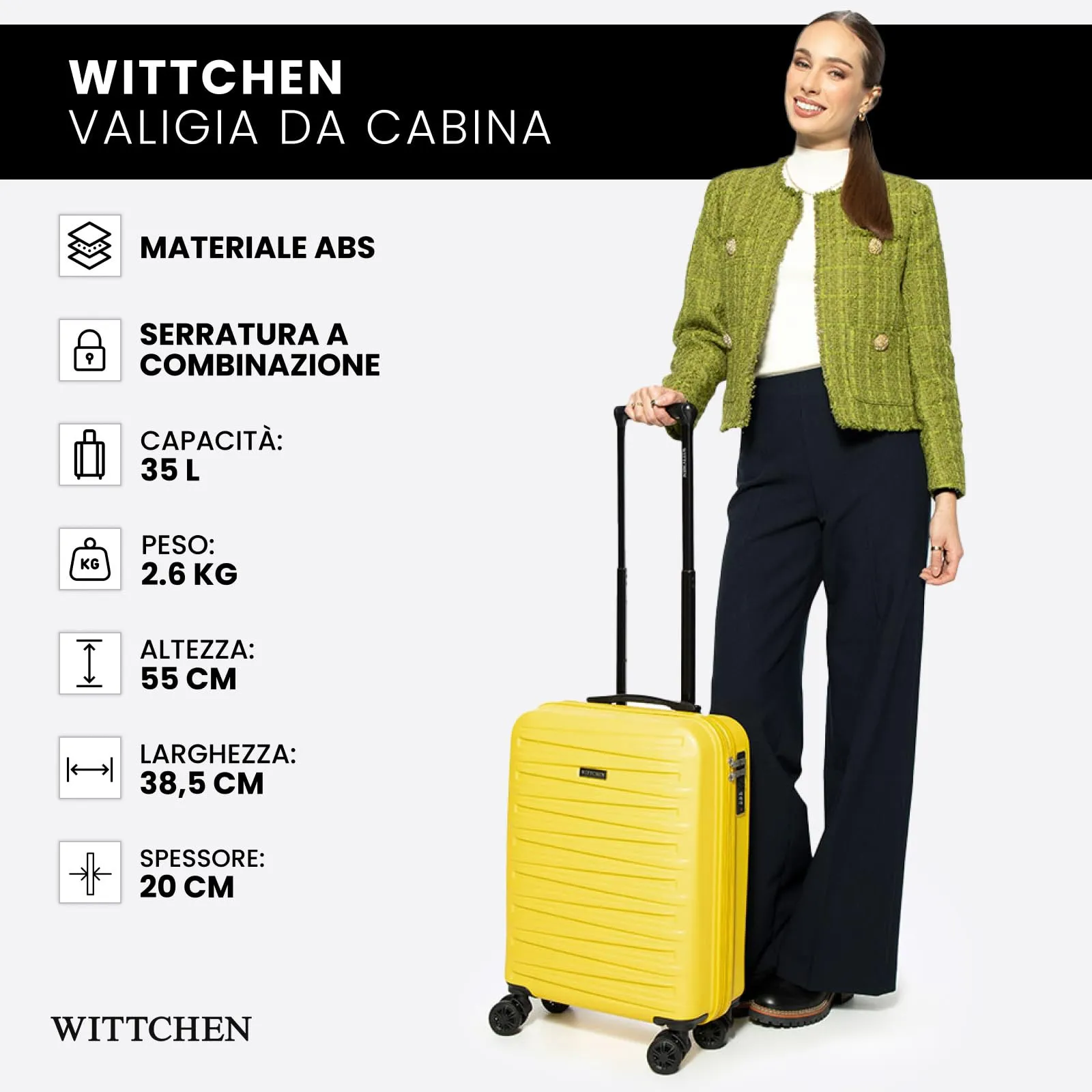 WITTCHEN Skyspeed Line Trolley da Cabina Piccolo in ABS - Bagaglio Rigido con Chiusura a Codice, Manico Telescopico e 4 Ruote Multidirezionali - Giallo Vivace Ryanair/ITA Airways/Wizz Air - immagine 7