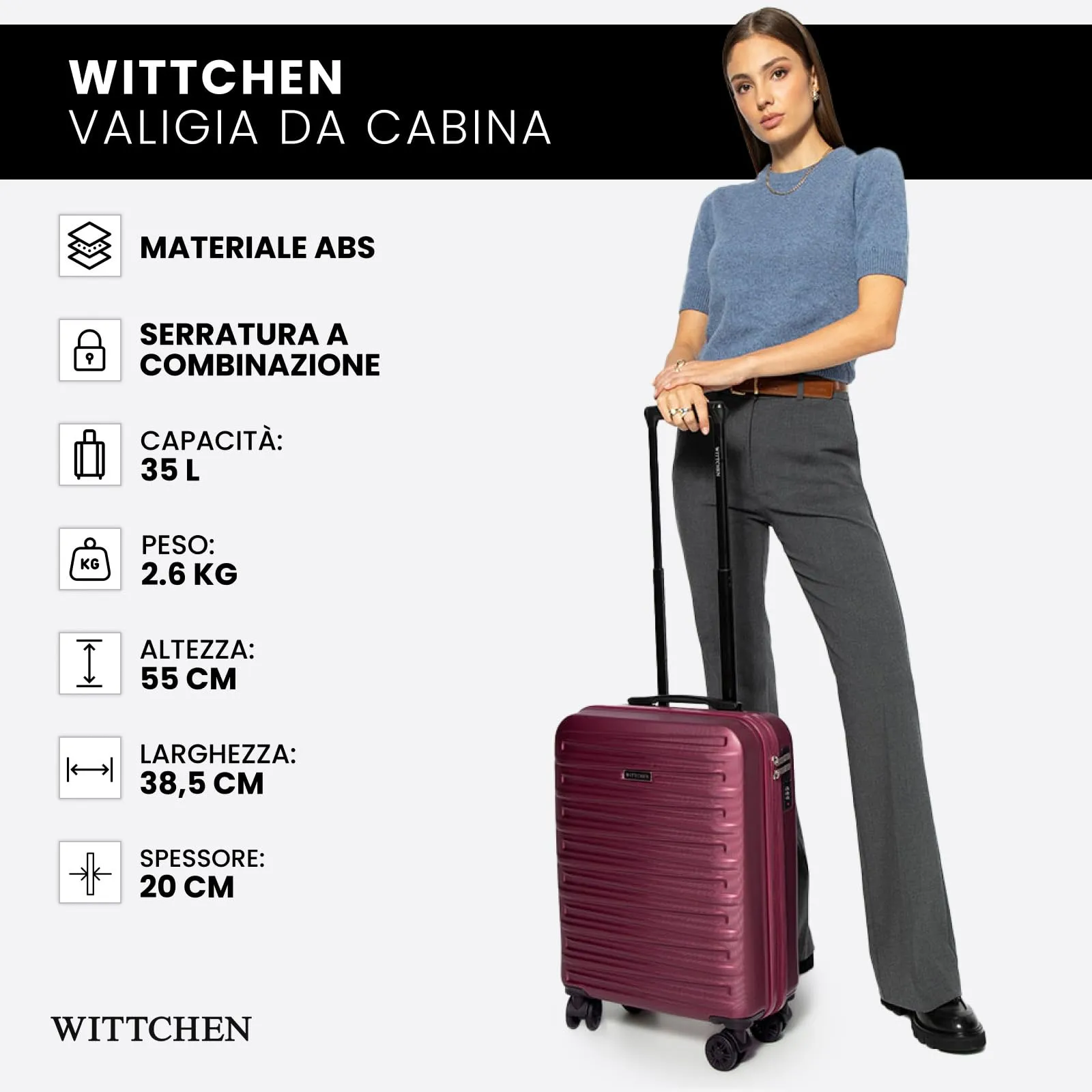 WITTCHEN Skyspeed Line Trolley Cabina Rigido in ABS - Valigia Compatta per Viaggi, con 4 Ruote Piroettanti, Chiusura a Combinazione, Maniglia Retrattile - Marrone Ryanair/ITA Airways/Wizz Air - immagine 7