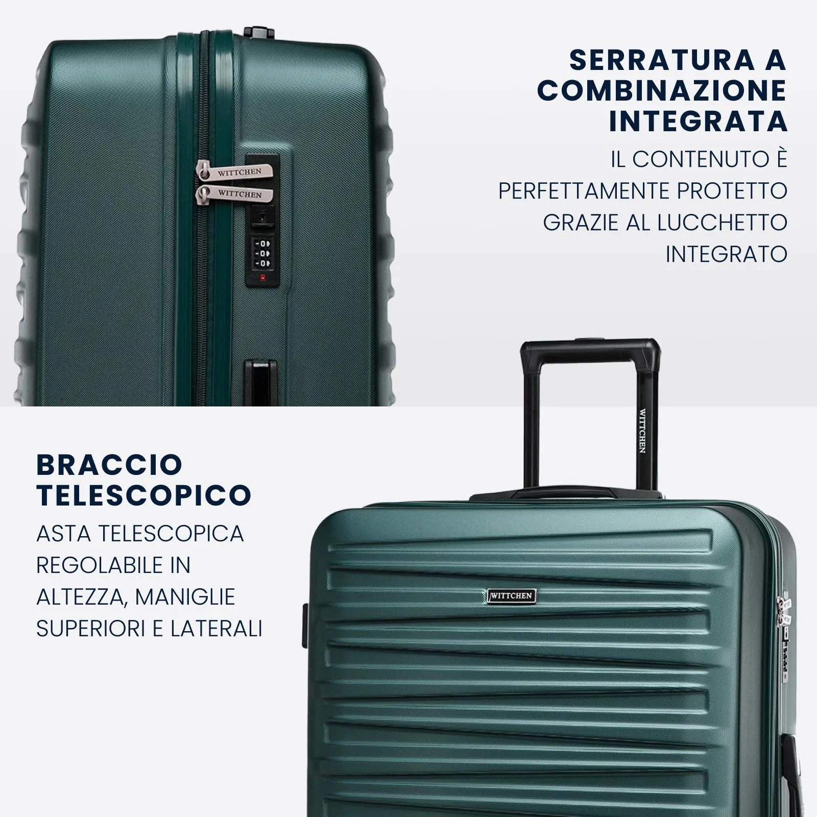 WITTCHEN Skyspeed Line Valigia grande Valigia rigida ABS Valigia grande Rolling Trolley Check-In Valigia da viaggio Serratura a combinazione Manico telescopico 4 Ruote Verde Ryanair/ITA Airways - immagine 4