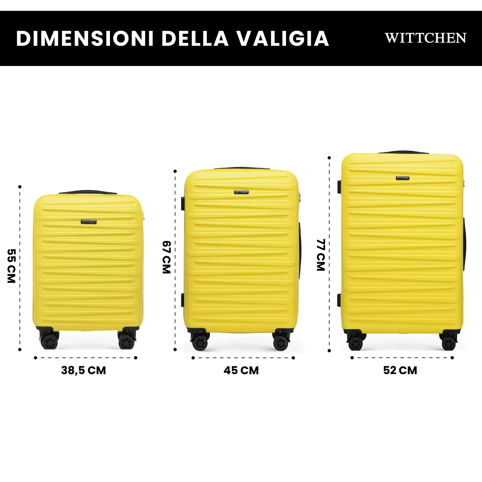 WITTCHEN Skyspeed Line Set di 3 valigie Valigia da viaggio Rolling Trolley Bagaglio a mano rigide in ABS con serratura a combinazione Manico telescopico 4 ruote Giallo Ryanair/ITA Airways - immagine 2