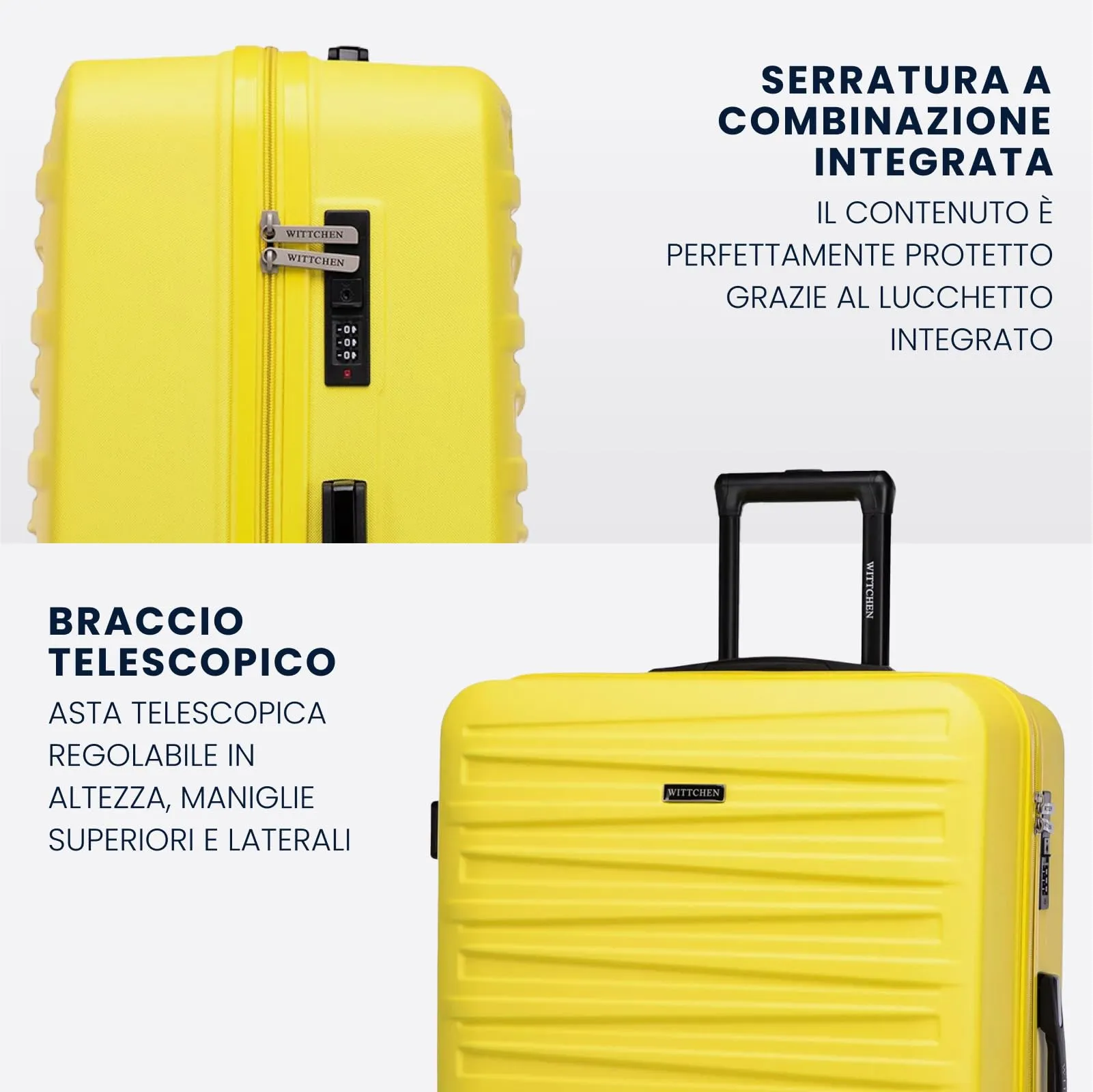 WITTCHEN Skyspeed Line Set di 3 valigie Valigia da viaggio Rolling Trolley Bagaglio a mano rigide in ABS con serratura a combinazione Manico telescopico 4 ruote Giallo Ryanair/ITA Airways - immagine 4