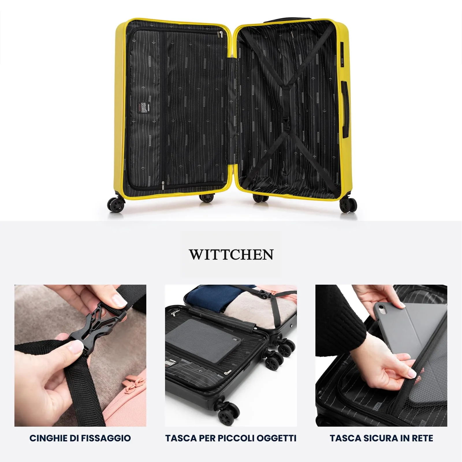 WITTCHEN Skyspeed Line Set di 3 valigie Valigia da viaggio Rolling Trolley Bagaglio a mano rigide in ABS con serratura a combinazione Manico telescopico 4 ruote Giallo Ryanair/ITA Airways - immagine 5