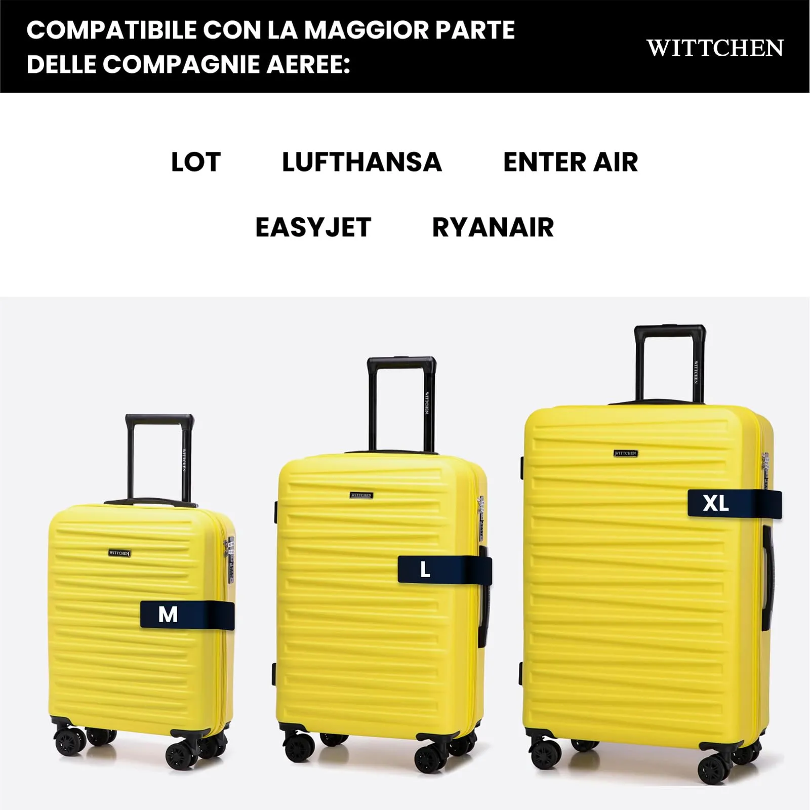 WITTCHEN Skyspeed Line Set di 3 valigie Valigia da viaggio Rolling Trolley Bagaglio a mano rigide in ABS con serratura a combinazione Manico telescopico 4 ruote Giallo Ryanair/ITA Airways - immagine 6