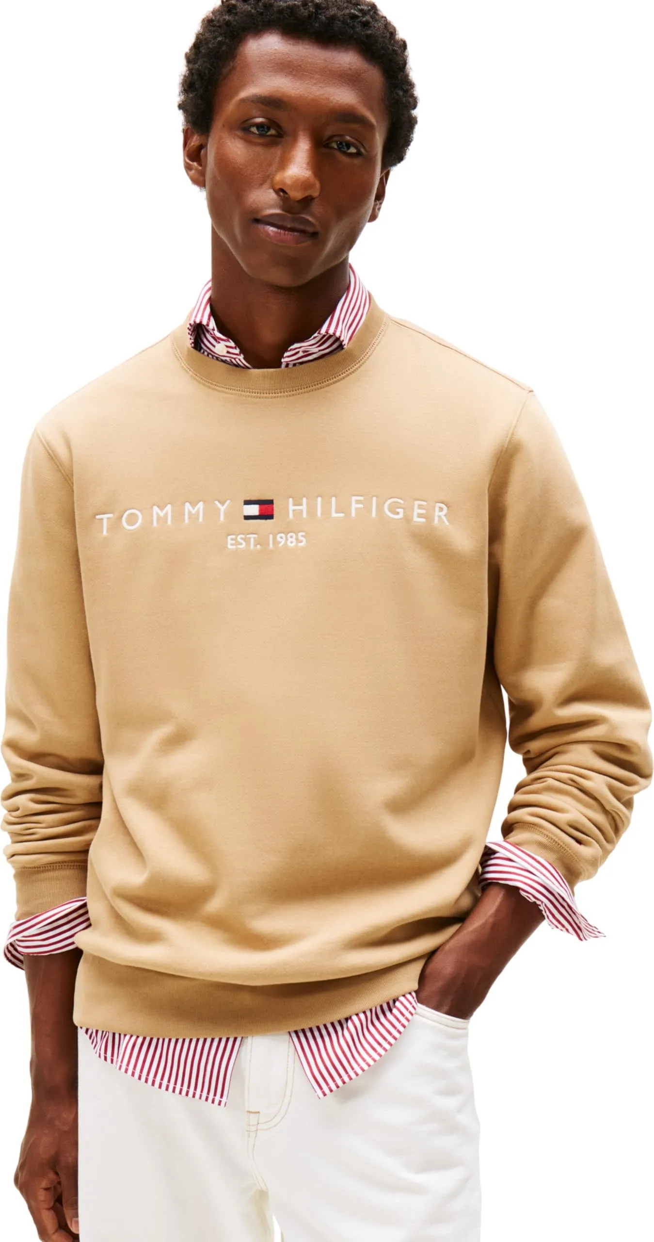 Tommy Hilfiger Uomo Felpa Tommy Logo Senza Cappuccio, Beige (Timeless Camel), M - immagine 1