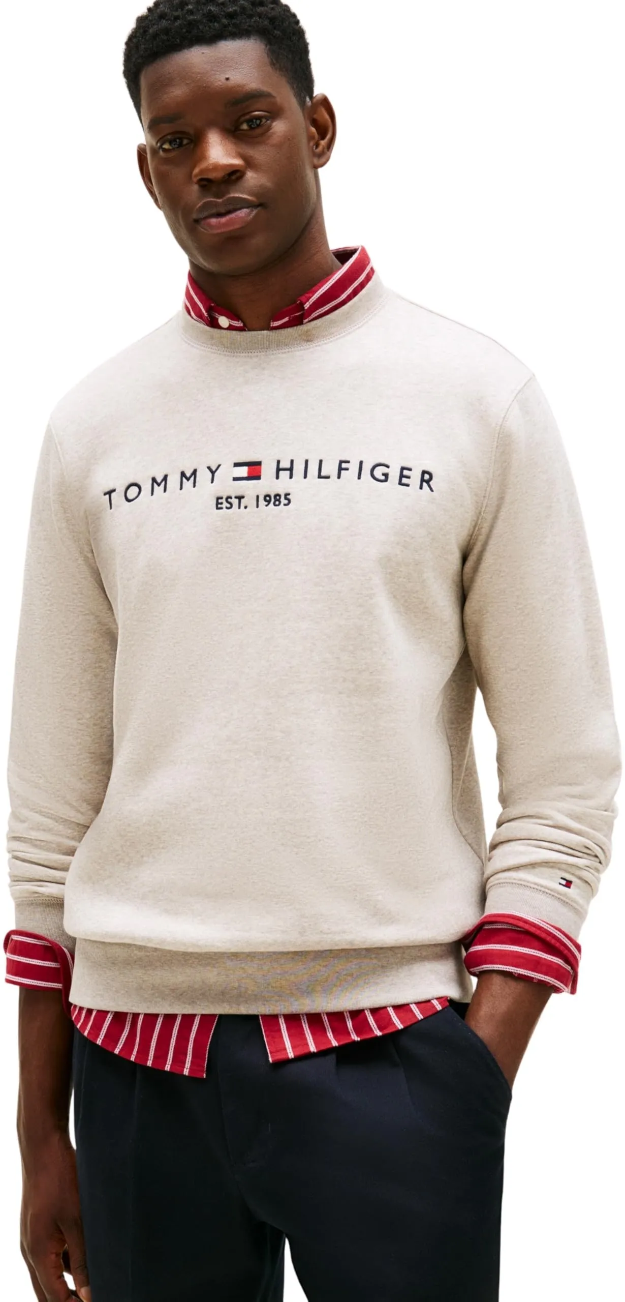 Tommy Hilfiger Uomo Felpa Tommy Logo Senza Cappuccio, Beige (Heathered Pebble), M - immagine 1
