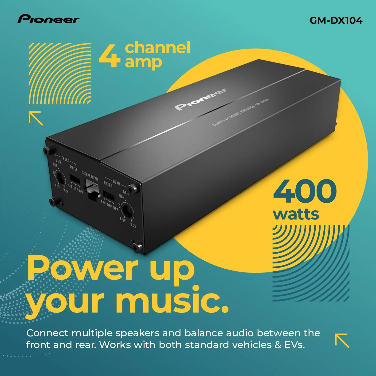Pioneer GM-DX104 amplificatore a 4 canali ultra-compatto Class-D (Hi-Res Audio, 400 W), ponticellabile, compatibile con radio OEM e veicoli elettrici, installazione compatta nel cruscotto - immagine 3