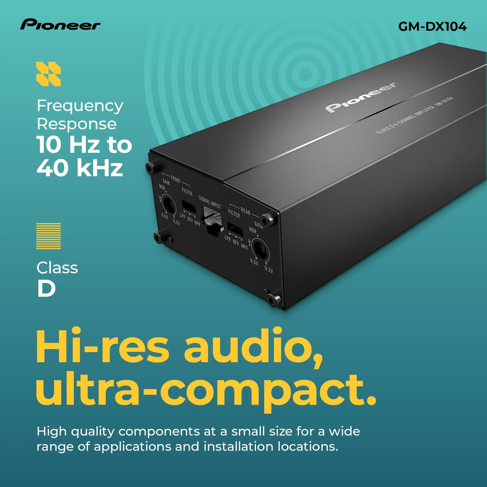 Pioneer GM-DX104 amplificatore a 4 canali ultra-compatto Class-D (Hi-Res Audio, 400 W), ponticellabile, compatibile con radio OEM e veicoli elettrici, installazione compatta nel cruscotto - immagine 4