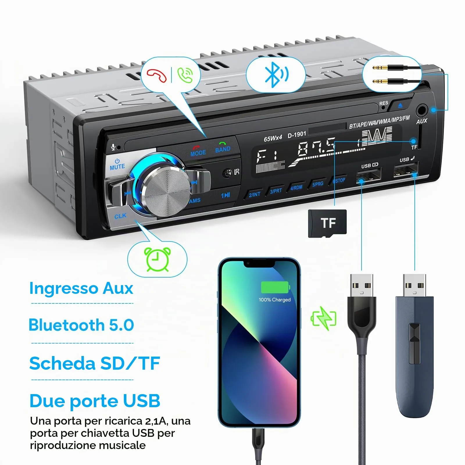 RDS Autoradio Bluetooth 5.0,CENXINY Autoradio 1DIN Stereo Auto Bluetooth - immagine 2