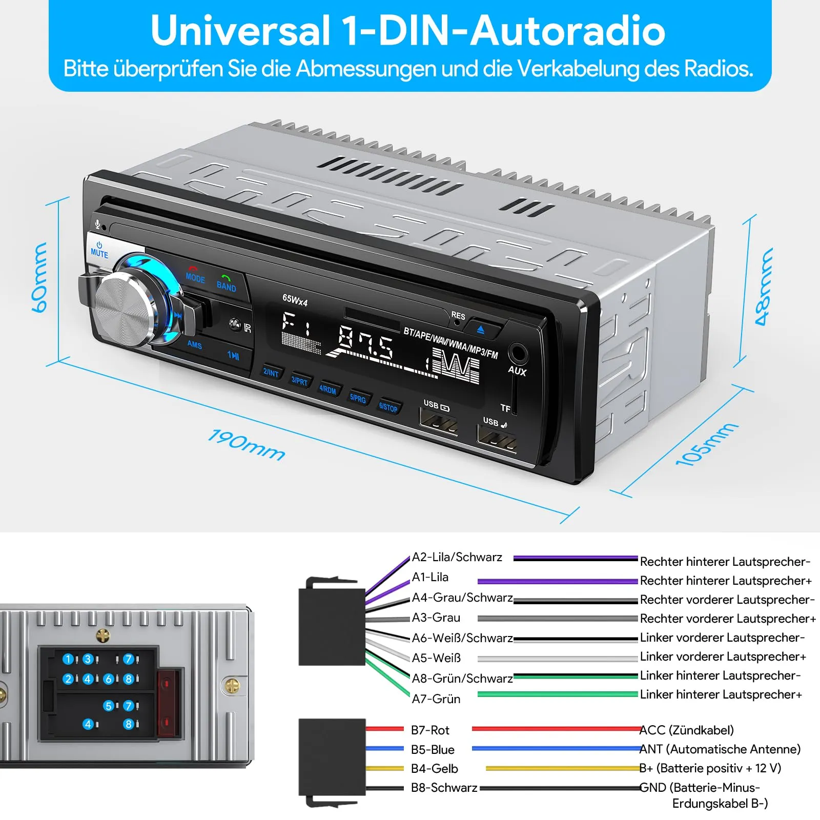 RDS Autoradio Bluetooth 5.0,CENXINY Autoradio 1DIN Stereo Auto Bluetooth - immagine 6