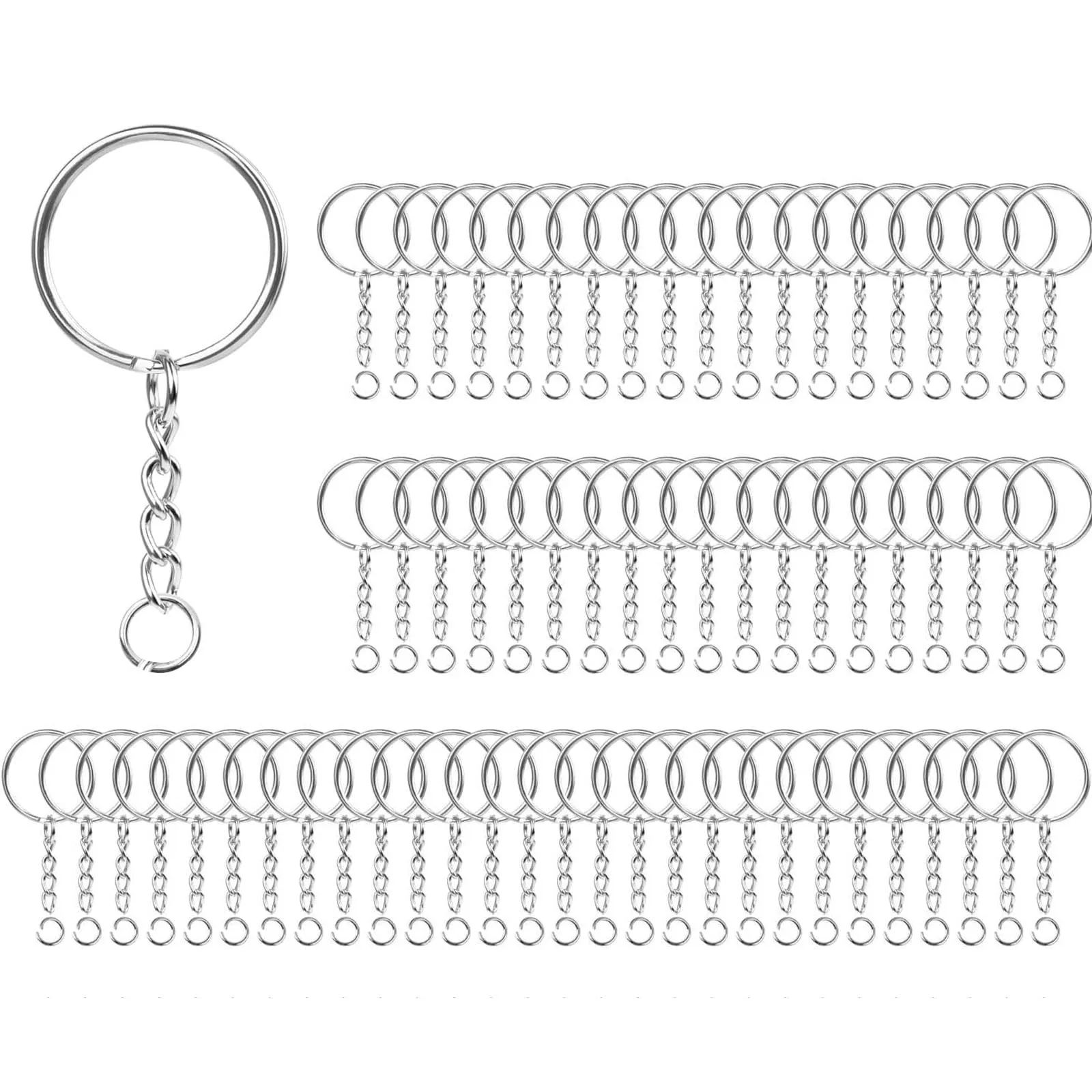 AMSGANK 100 Pezzi Anelli Portachiavi 25 mm Portachiavi Anelli Cerchio con Catena Split Key Chains per per Fai da Te Artigianato Gioielli Keychains Borse Decorazione (Argento) - immagine 1