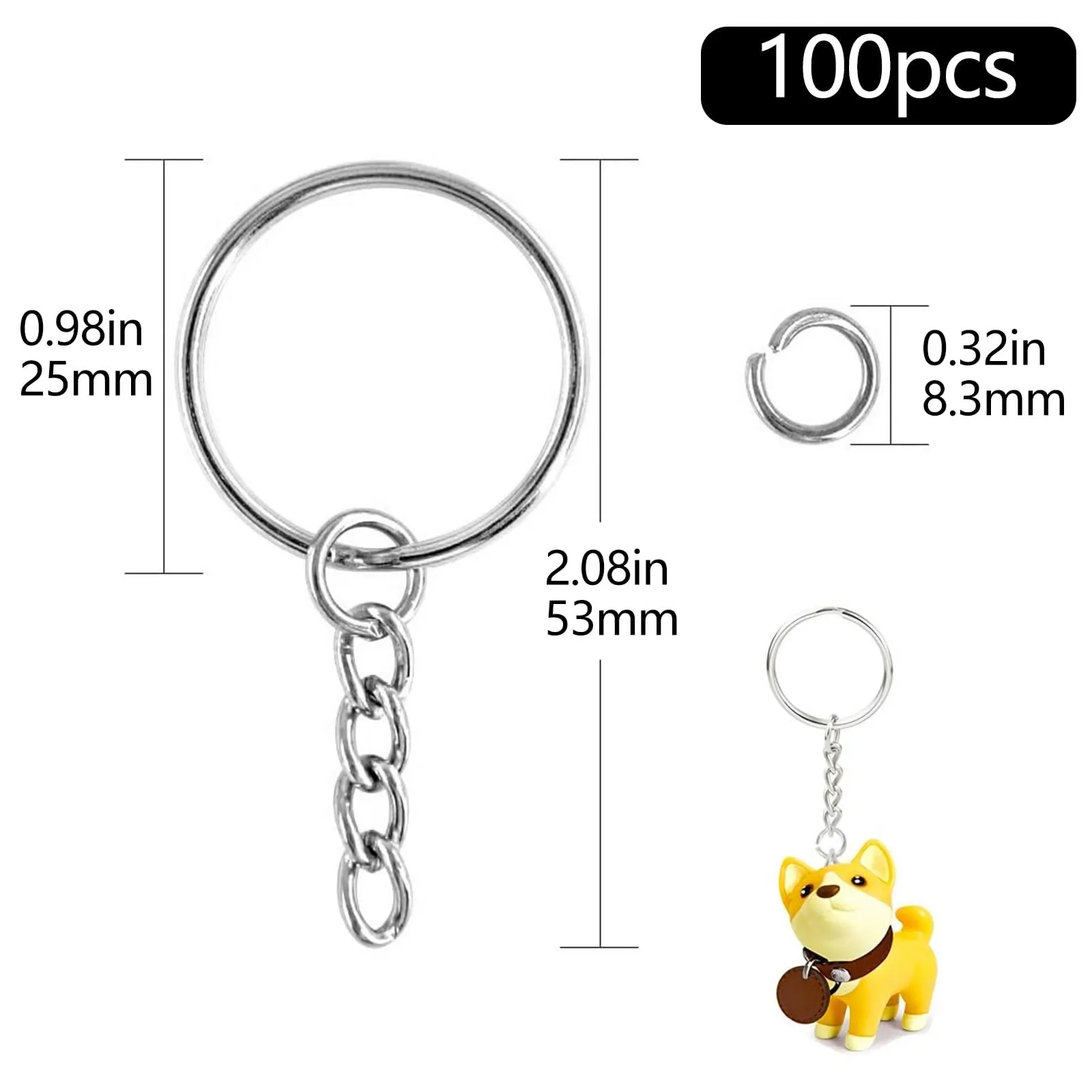 AMSGANK 100 Pezzi Anelli Portachiavi 25 mm Portachiavi Anelli Cerchio con Catena Split Key Chains per per Fai da Te Artigianato Gioielli Keychains Borse Decorazione (Argento) - immagine 2
