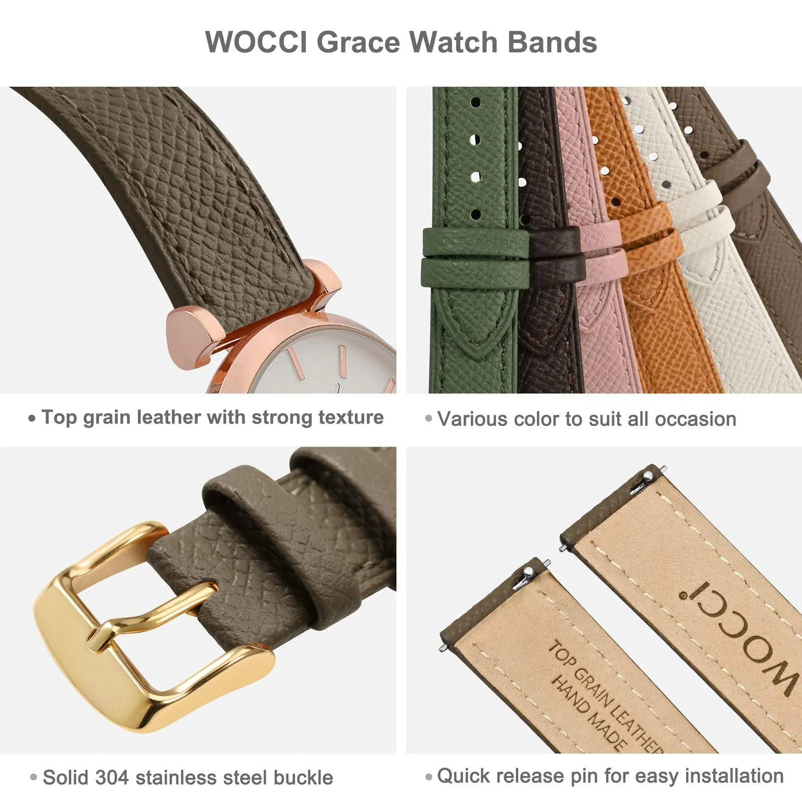 WOCCI 12mm Grace Cinturino per Orologio da Donna, Pelle Grana Superiore, Sgancio Rapido, Banda di Ricambio, Fibbia Oro (Elefante Grigio) - immagine 4