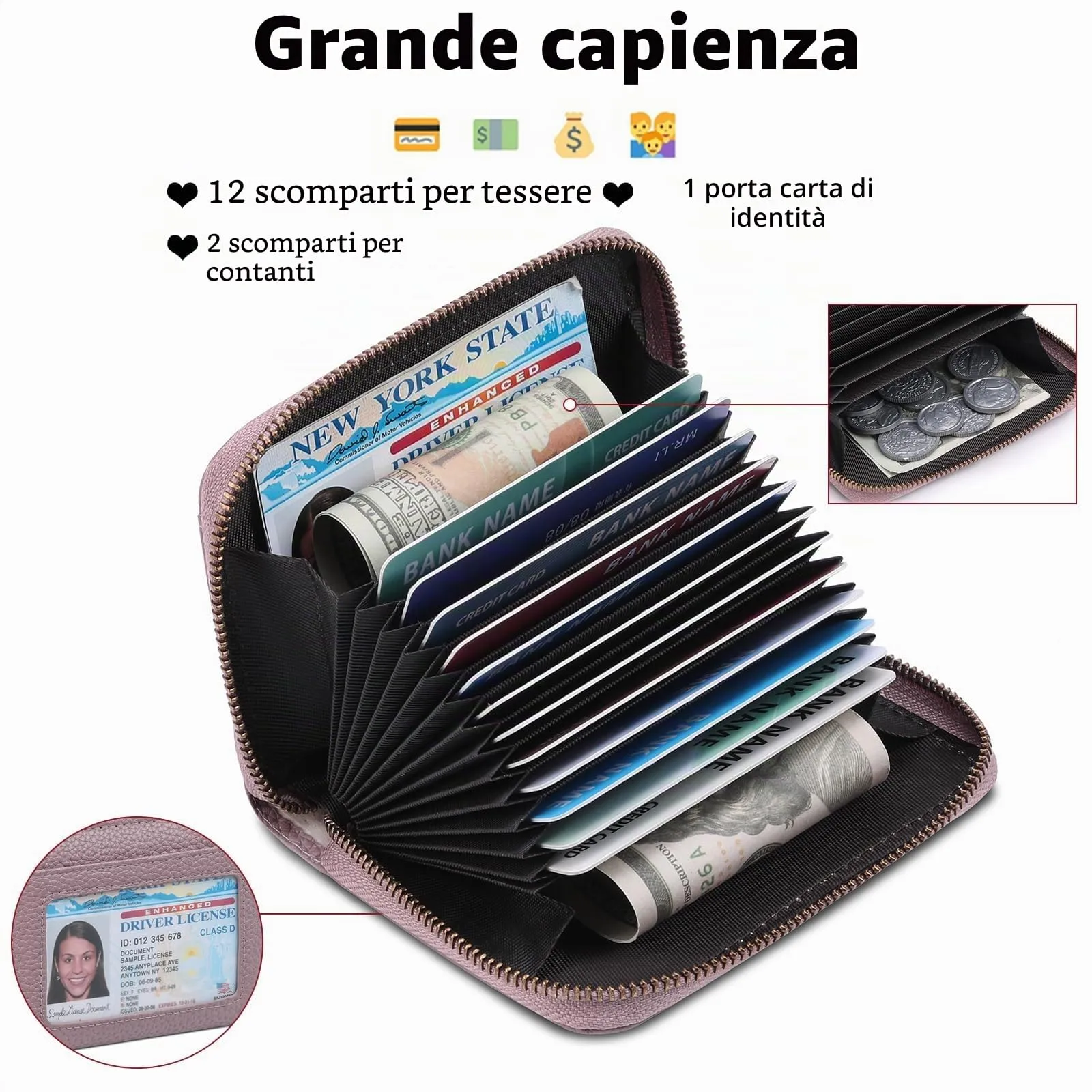 SENDEFN Portafoglio Donna Piccolo, Porta Carte di Credito con Protezione RFID e Molti Altri Scomparti, Portafoglio Cerniera Donna Piccolo, Porta Tessere Pelle - immagine 3