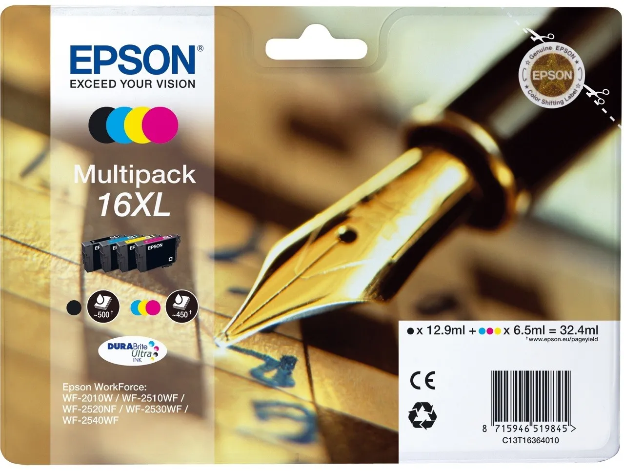 ORIGINALE Epson Multipack nero / ciano / magenta / giallo C13T16364012 16 XL 4 cartucce d'inchistro XL: T1631 + T1632 + T1633 + T1634 - immagine 1