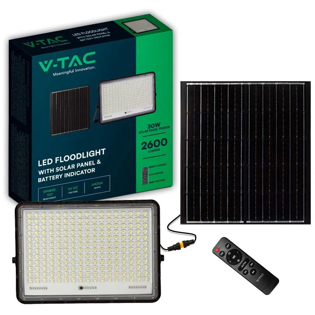 V-TAC Faro LED con Telecomando e Pannello Solare 30W Batteria sostituibile Cavo da 3m Colore Nero 6400K - immagine 1