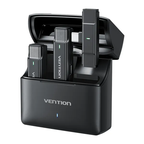 Microfono wireless a clip Vention Levalier USB-C - Cancellazione avanzata del rumore - Batteria da 30 ore - Portata 300 m - Nero - immagine 1