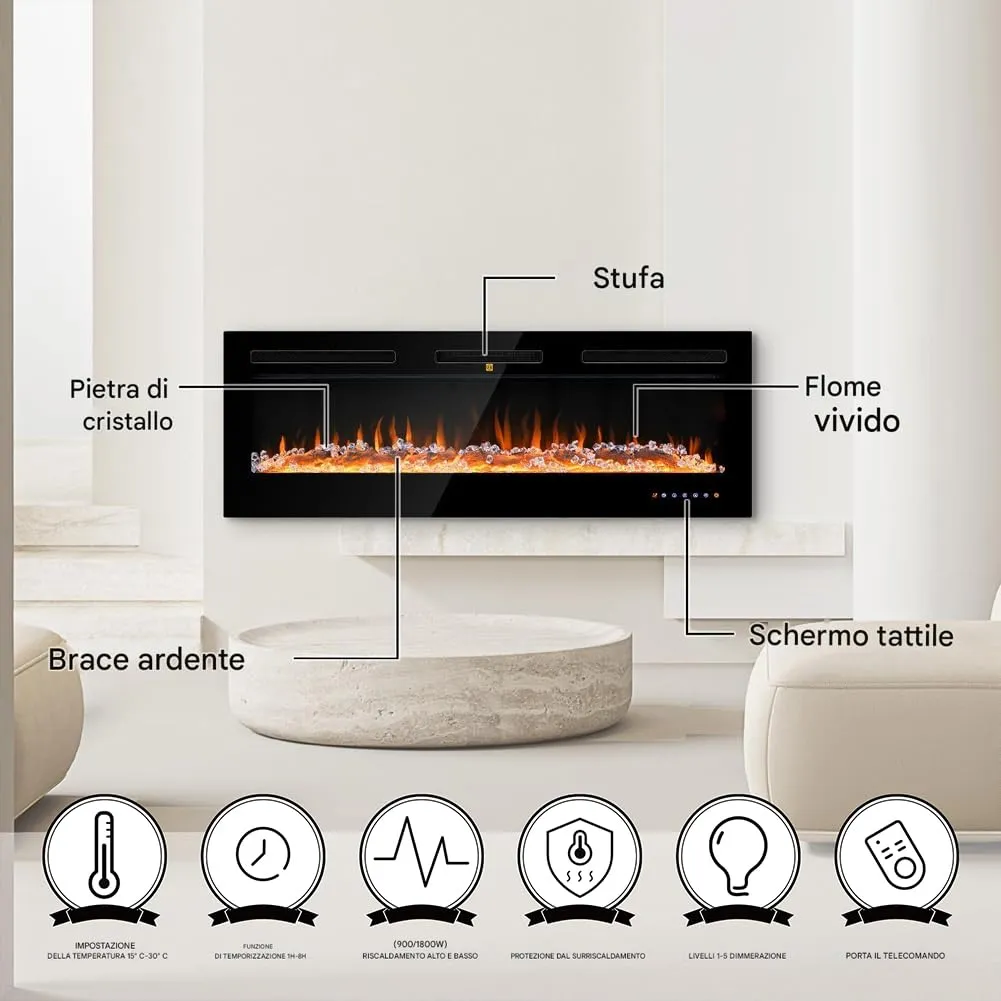 BAKAJI Camino Elettrico da Parete Incasso a Muro, Elettrocamino 3D con 12 modalità di colore LED Effetto Fiamma, Silenzioso Design Moderno, Stufa a Parete 52" Effetto Fuoco Naturale (Livigno 132 cm) - immagine 2