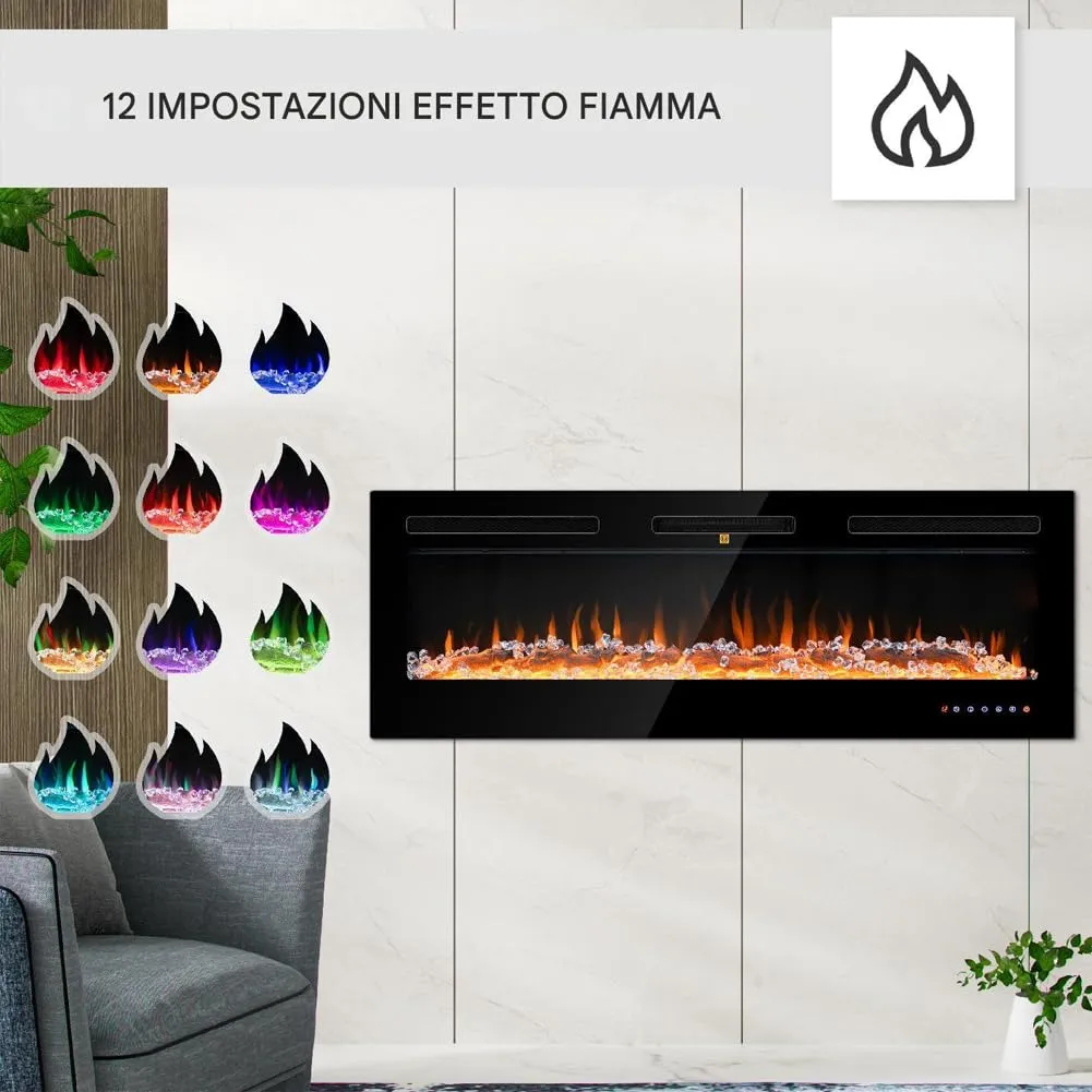 BAKAJI Camino Elettrico da Parete Incasso a Muro, Elettrocamino 3D con 12 modalità di colore LED Effetto Fiamma, Silenzioso Design Moderno, Stufa a Parete 52" Effetto Fuoco Naturale (Livigno 132 cm) - immagine 3