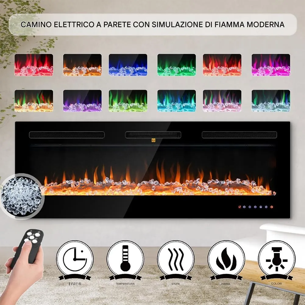 BAKAJI Camino Elettrico da Parete Incasso a Muro, Elettrocamino 3D con 12 modalità di colore LED Effetto Fiamma, Silenzioso Design Moderno, Stufa a Parete 52" Effetto Fuoco Naturale (Livigno 132 cm) - immagine 4