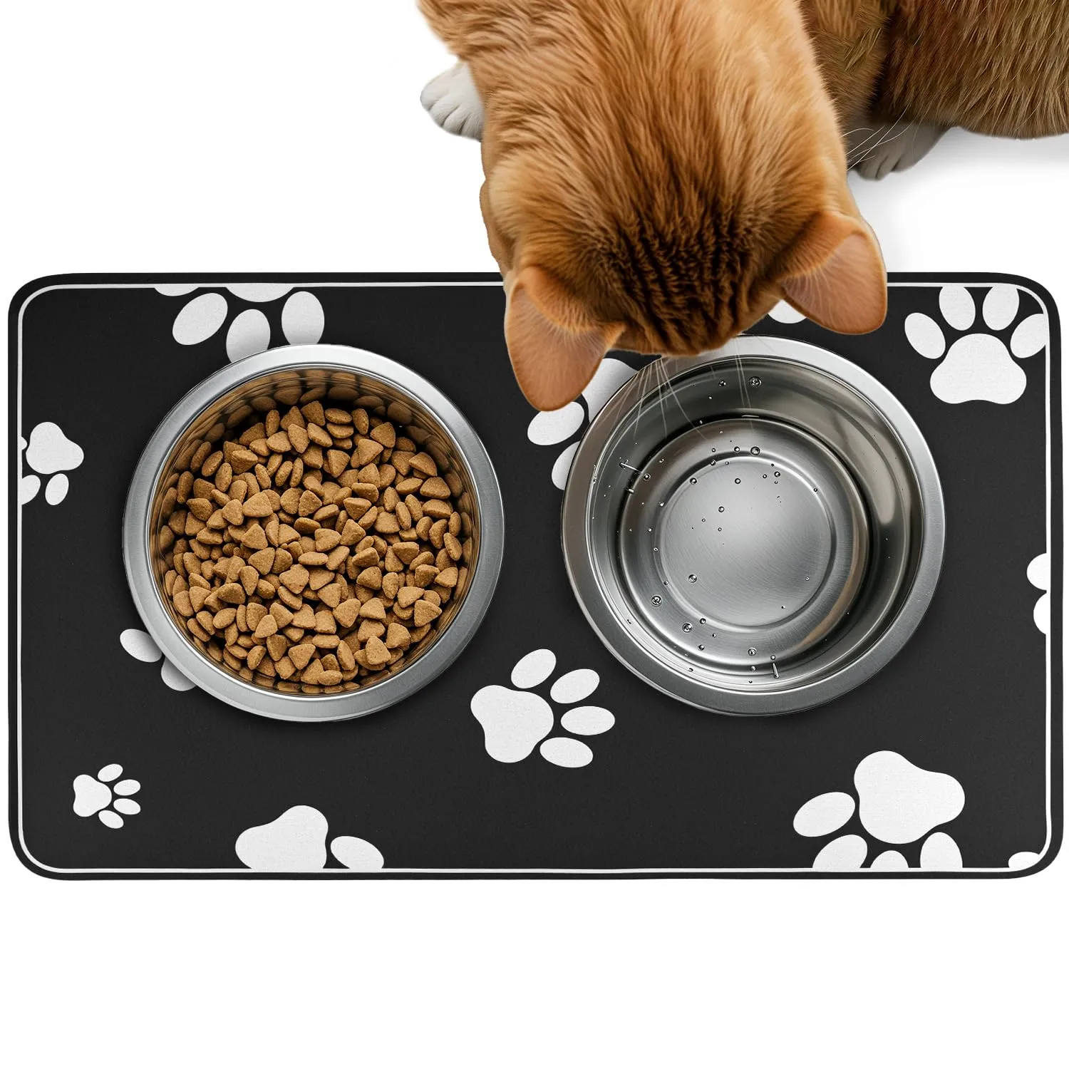 QWORK® 50x30cm Tappetino Assorbente per Alimentazione Animali Domestici, Tovaglietta per Cibo, Facile da Pulire, Antiscivolo, per Cani e Gatti, Nero - immagine 1