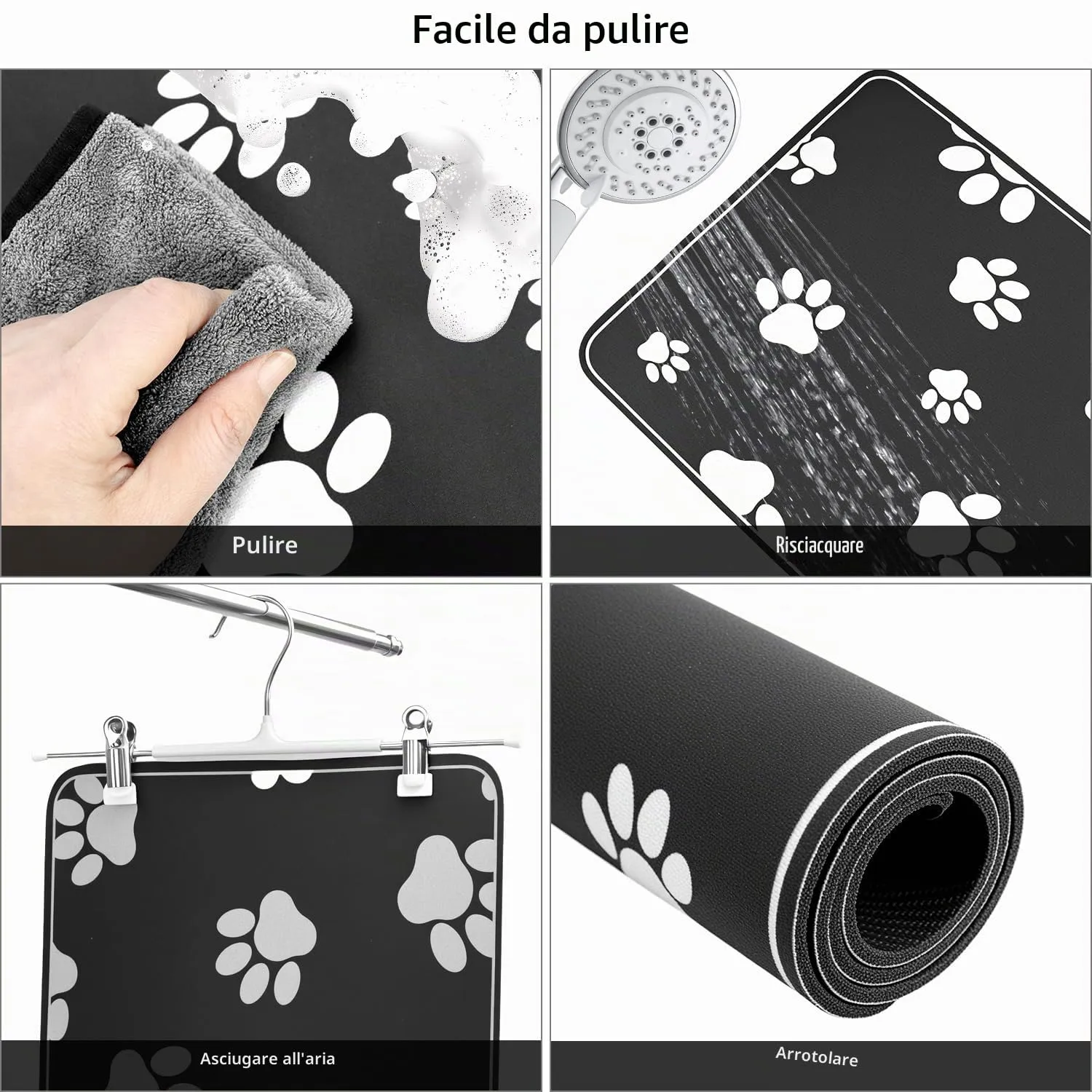 QWORK® 50x30cm Tappetino Assorbente per Alimentazione Animali Domestici, Tovaglietta per Cibo, Facile da Pulire, Antiscivolo, per Cani e Gatti, Nero - immagine 3