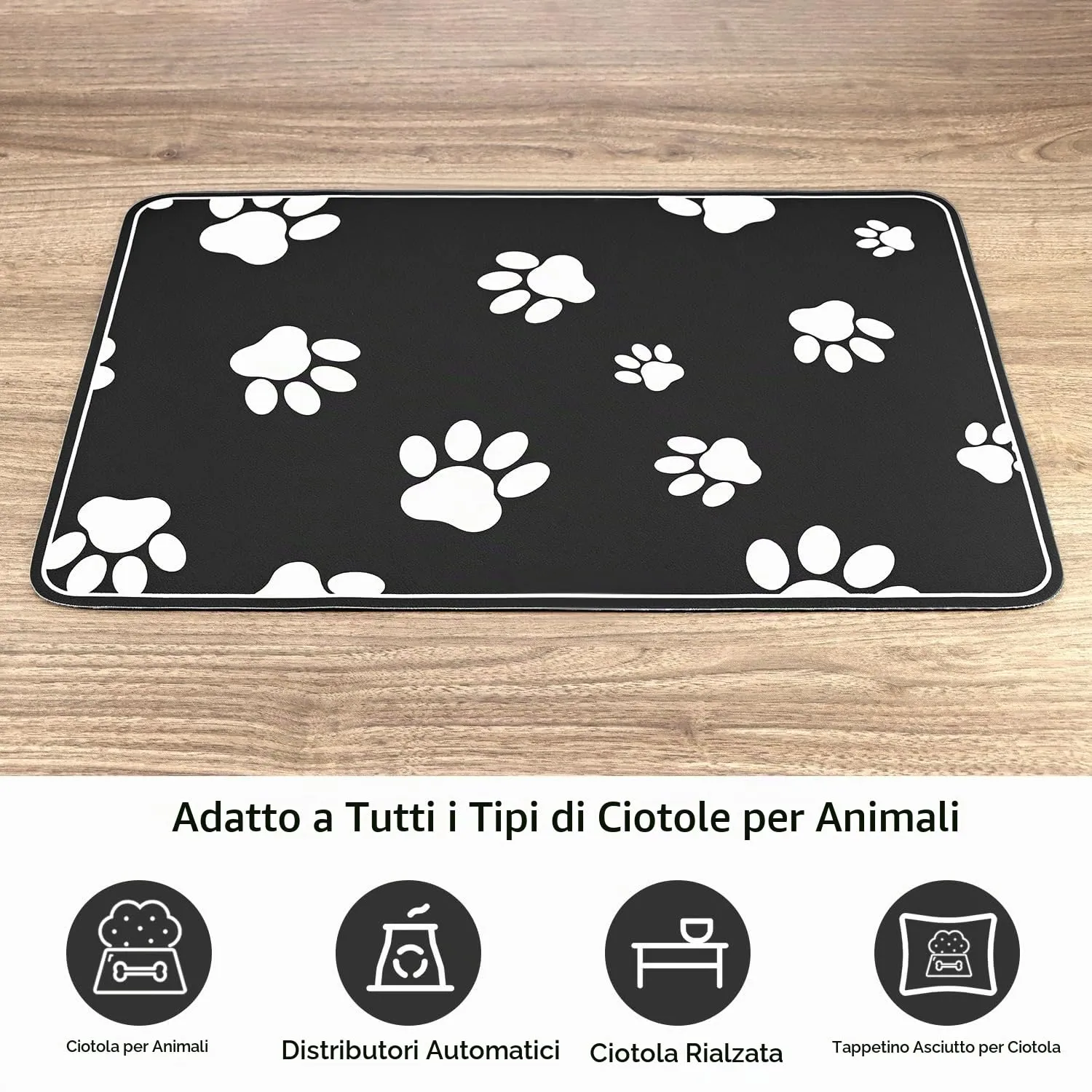 QWORK® 50x30cm Tappetino Assorbente per Alimentazione Animali Domestici, Tovaglietta per Cibo, Facile da Pulire, Antiscivolo, per Cani e Gatti, Nero - immagine 5