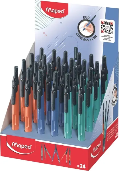 Espositore Maped Duo+Pen con 24 compassi Duo - Compasso utilizzabile anche come matita meccanica - Clip da tasca - Colori assortiti - immagine 1