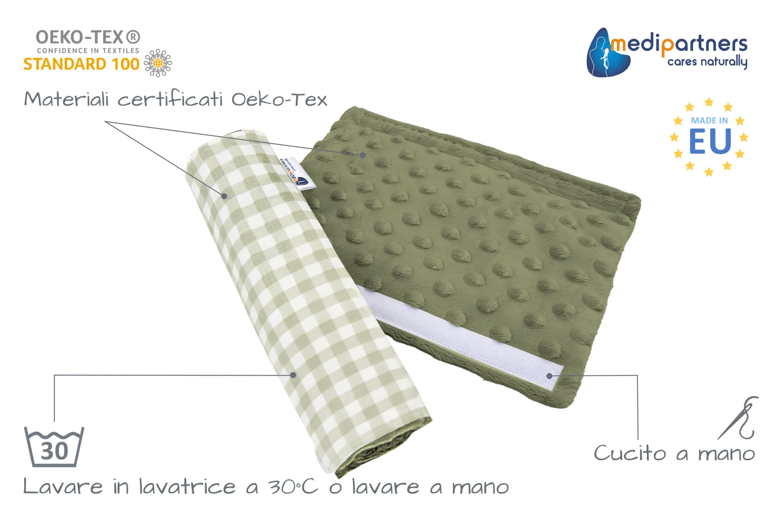 Medi Partners Copri Cintura di Sicurezza Auto Copricintura Bambini Car Cuscino 17x22cm 100% Cotone Minky Cinture Kids Copri Seggiolino Protezione (Griglia con oliva Minky) - immagine 2