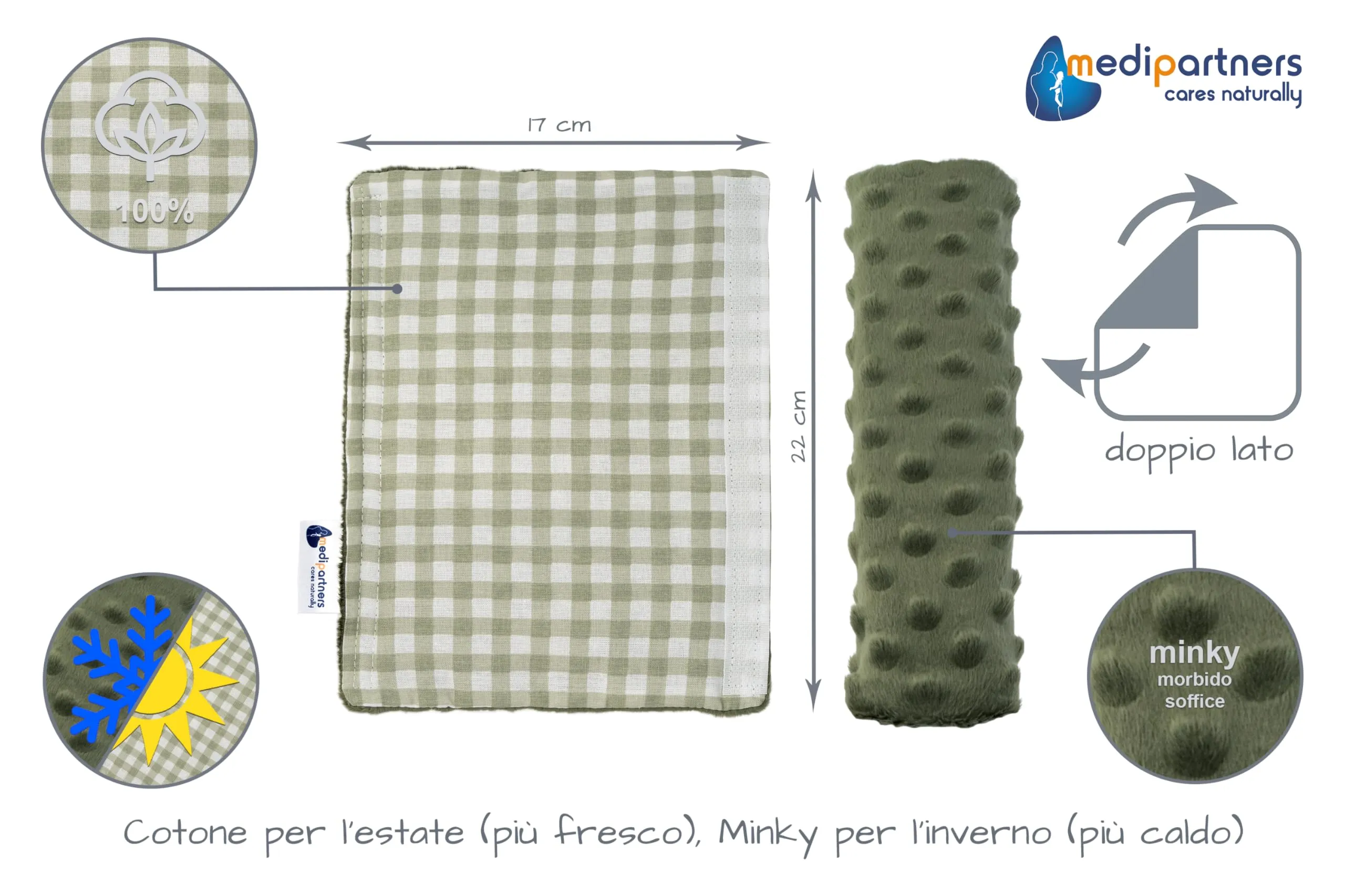 Medi Partners Copri Cintura di Sicurezza Auto Copricintura Bambini Car Cuscino 17x22cm 100% Cotone Minky Cinture Kids Copri Seggiolino Protezione (Griglia con oliva Minky) - immagine 3